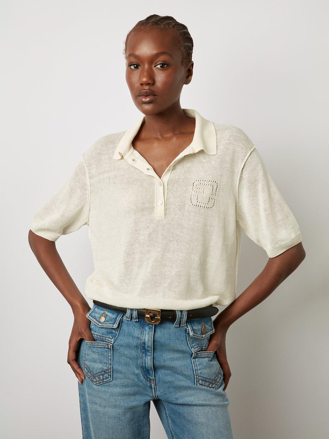 Gerard Darel Lana Linen Blend Polo Top, Ecru