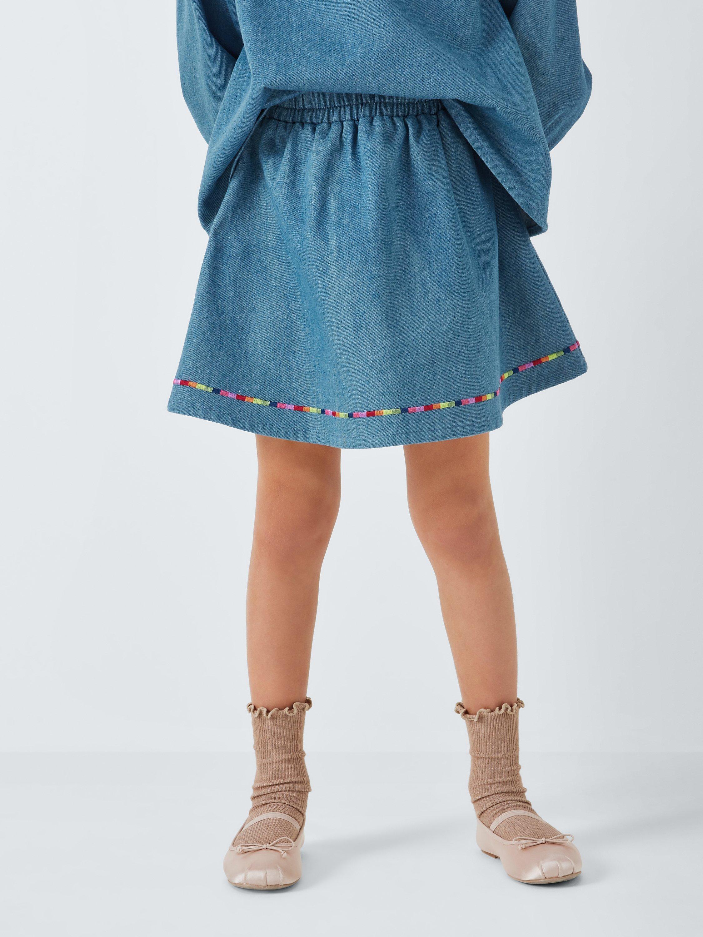 Product image 1 of 7, which shows Olivia Rubin Kids' Rainbow Trim Denim Skirt, Blue, 4-5 years