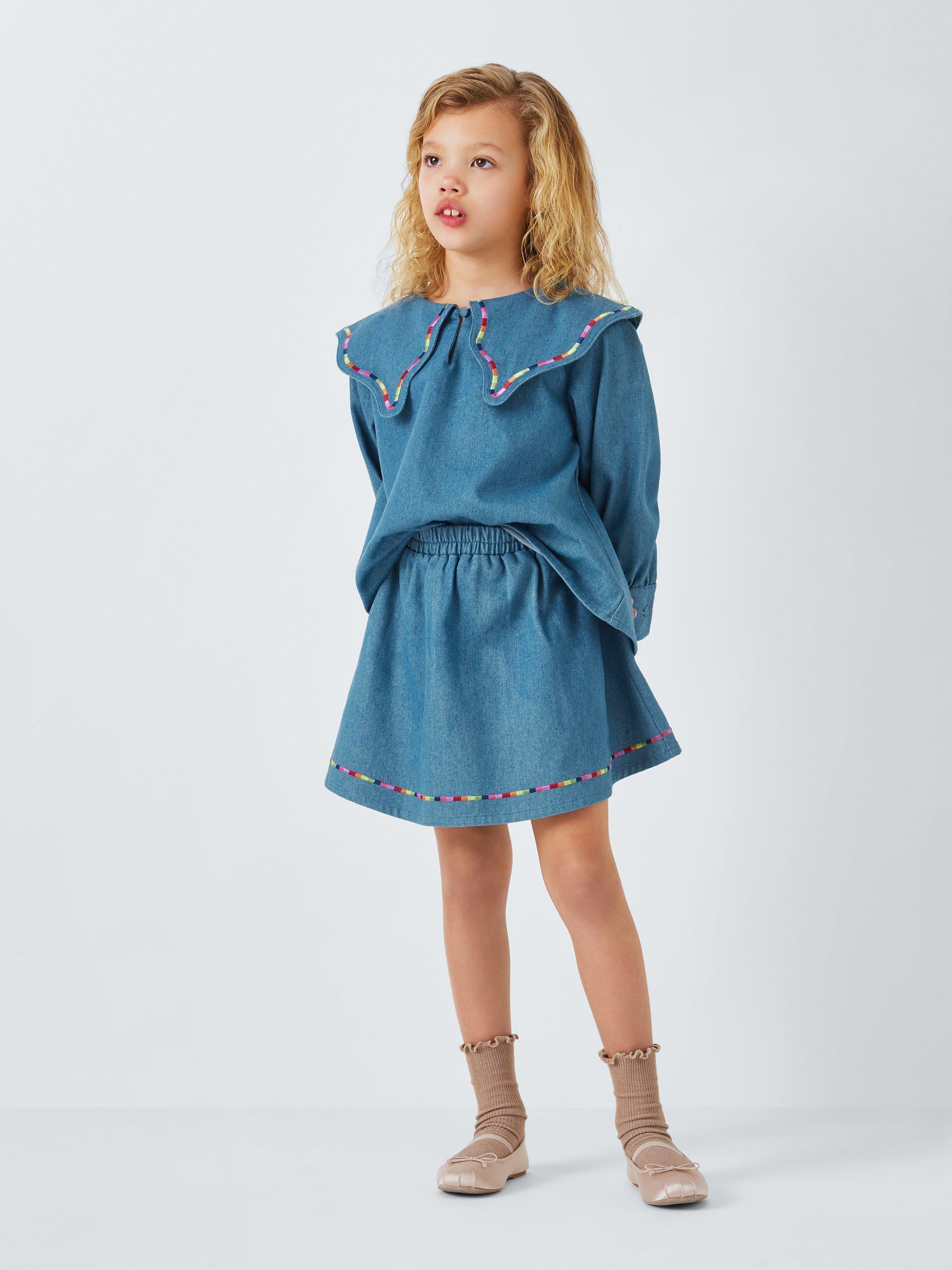 Product image 2 of 7, which shows Olivia Rubin Kids' Rainbow Trim Denim Skirt, Blue, 4-5 years