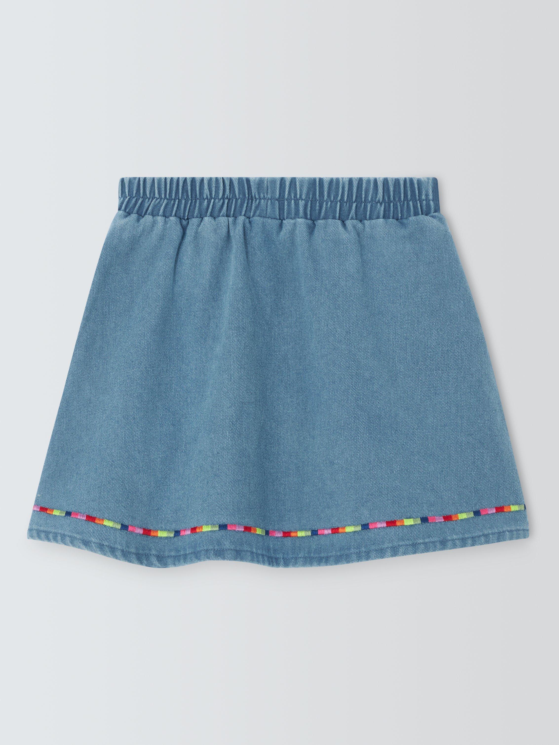 Product image 4 of 7, which shows Olivia Rubin Kids' Rainbow Trim Denim Skirt, Blue, 4-5 years