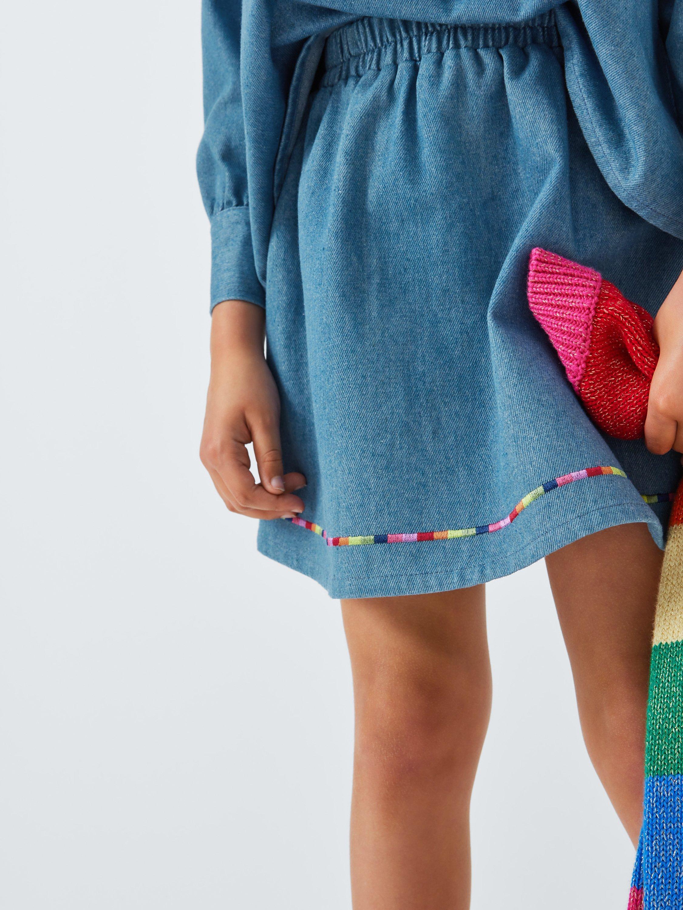 Product image 6 of 7, which shows Olivia Rubin Kids' Rainbow Trim Denim Skirt, Blue, 4-5 years