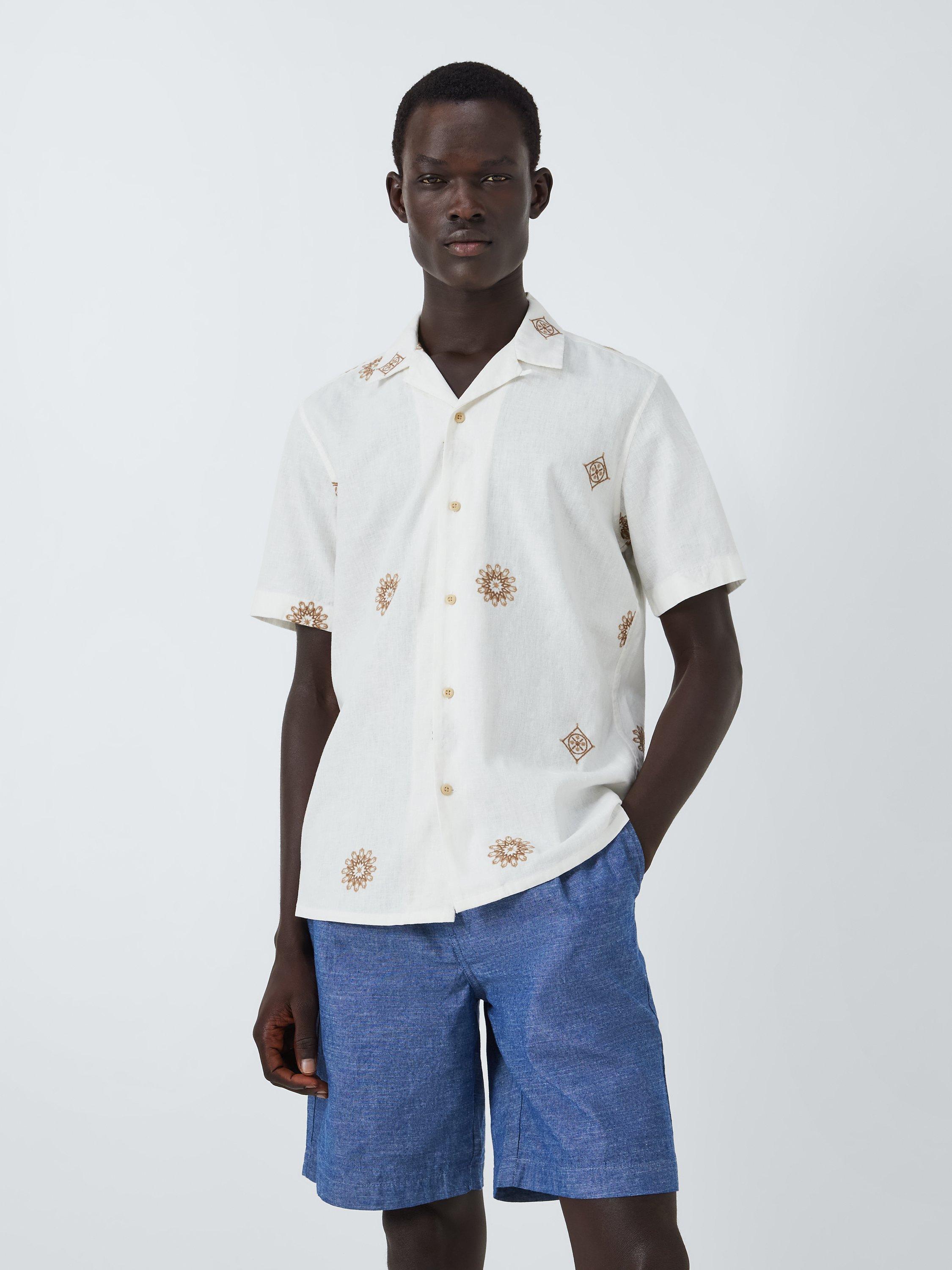 John Lewis Embroidered Linen & Cotton Revere Collar Shirt, Ecru/ Gold