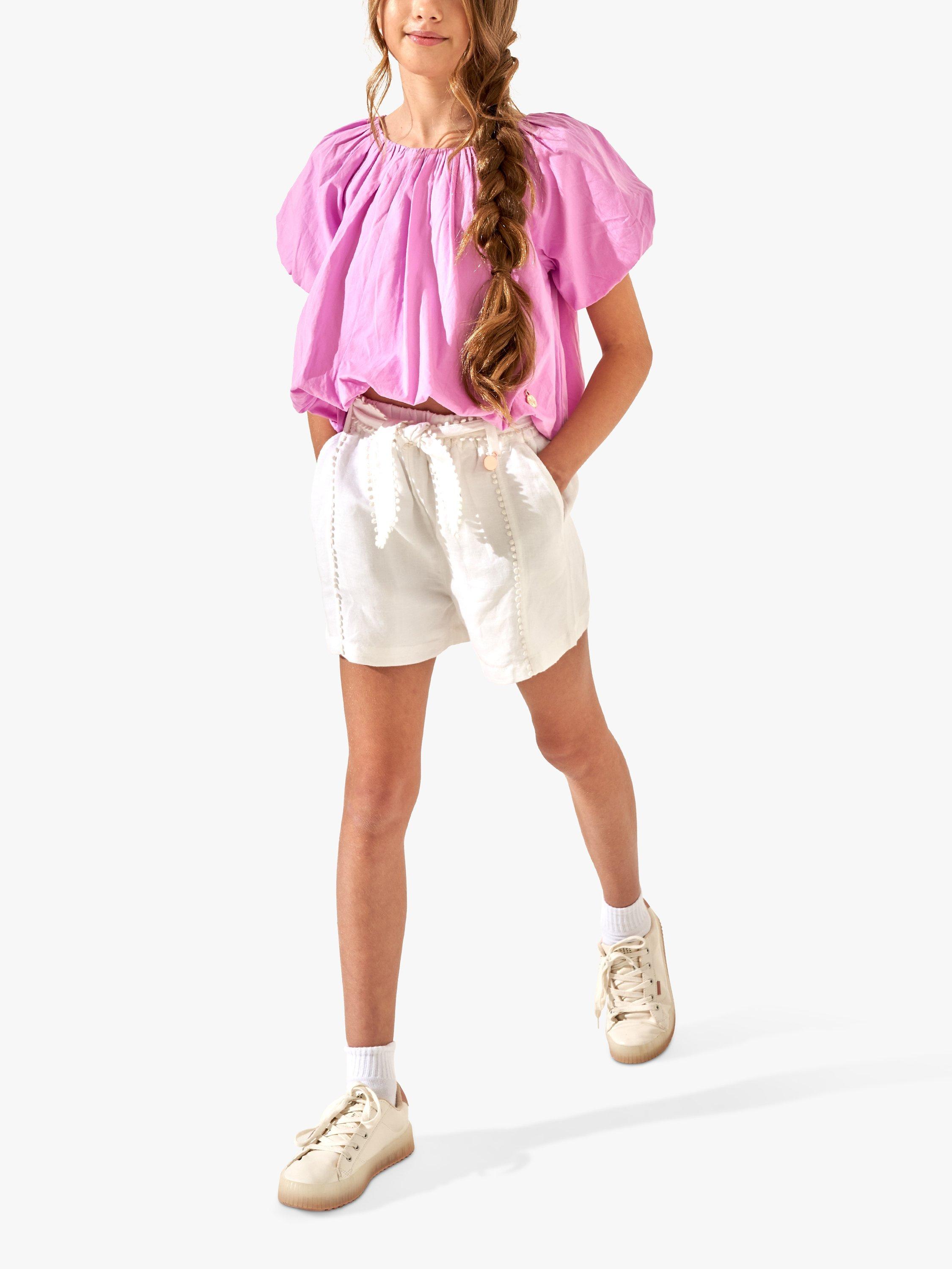 Product image 2 of 2, which shows Angel & Rocket Kids' Erica Linen Blend Pom Pom Lace Trim Shorts, White, 4 years