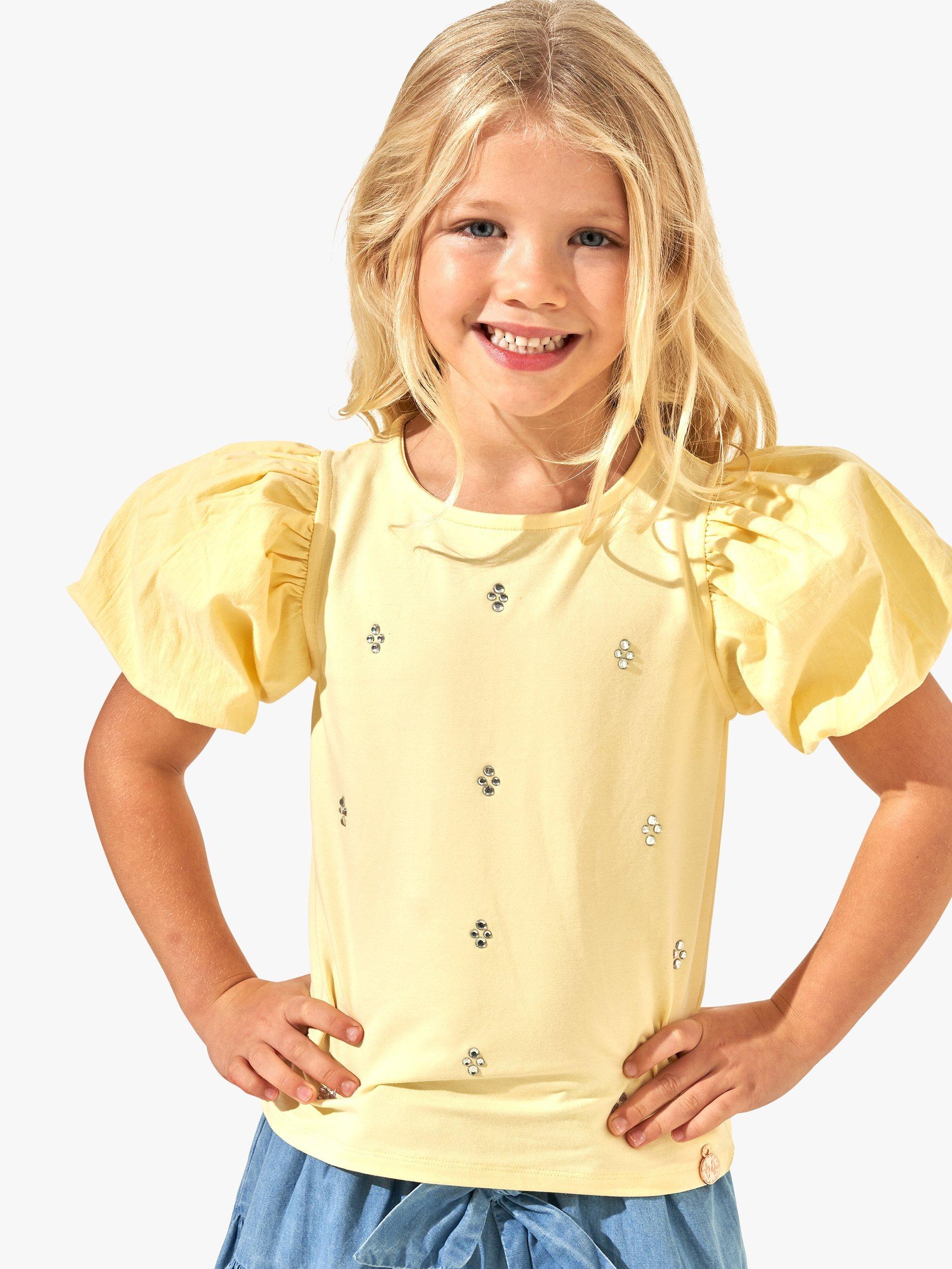 Product image 1 of 5, which shows Angel & Rocket Kids' Embellished Puff Sleeve Top, Lemondrop, 9-10 years