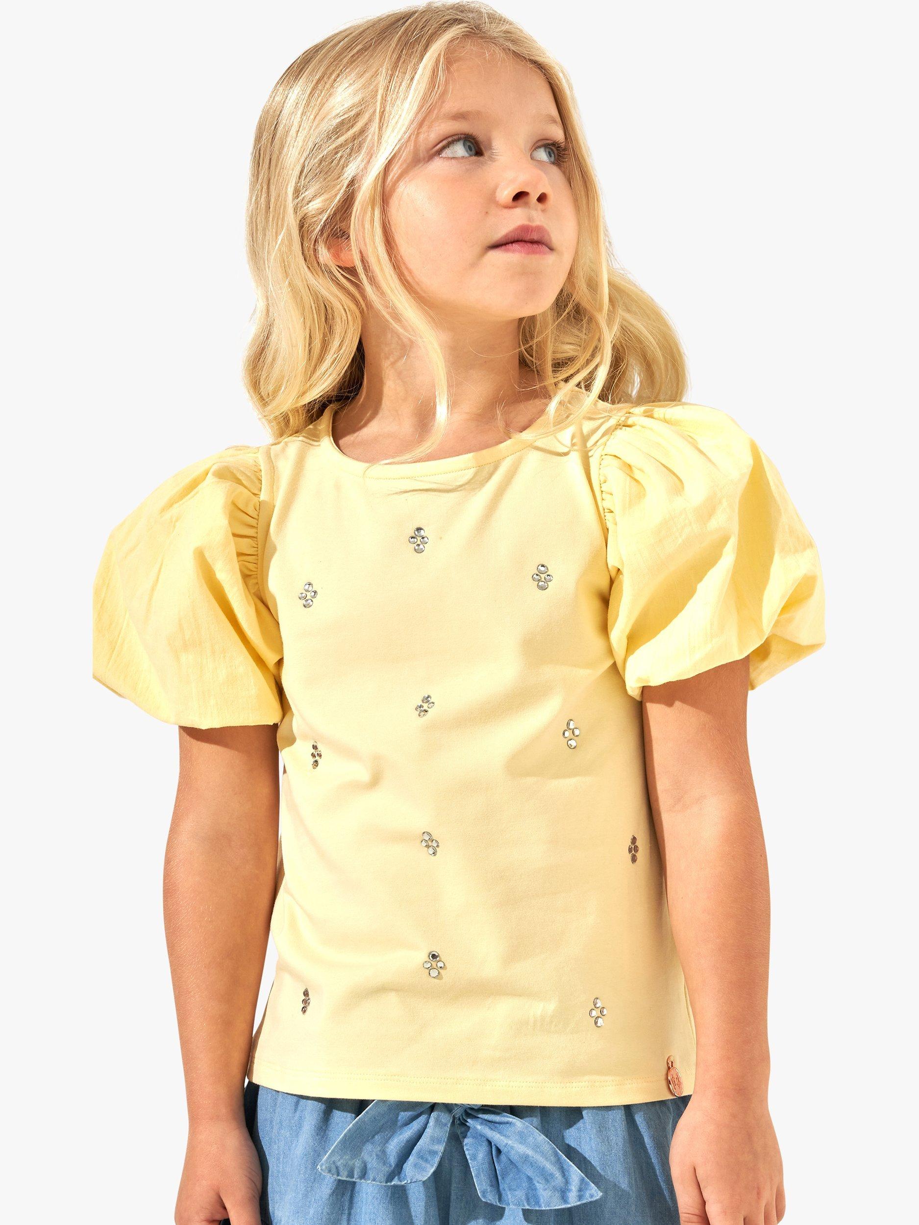 Product image 2 of 5, which shows Angel & Rocket Kids' Embellished Puff Sleeve Top, Lemondrop, 9-10 years