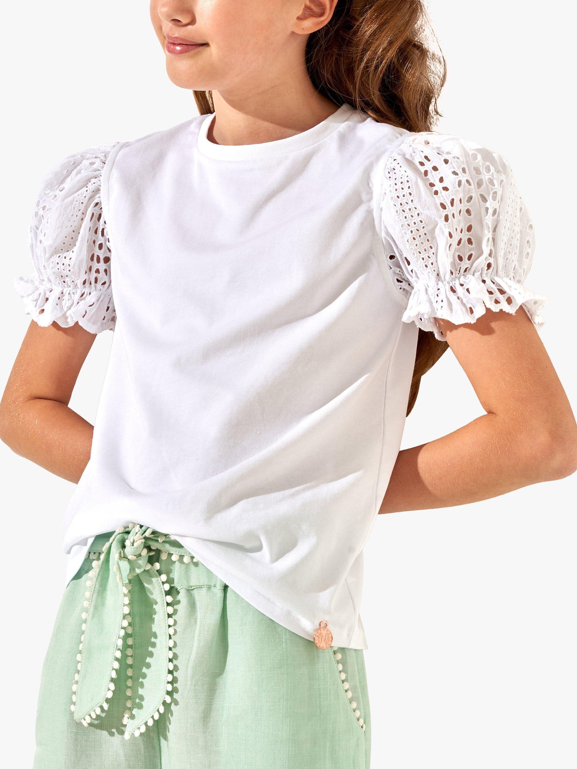 Angel & Rocket Kids' Mia Broderie Puff Sleeve T-Shirt, White