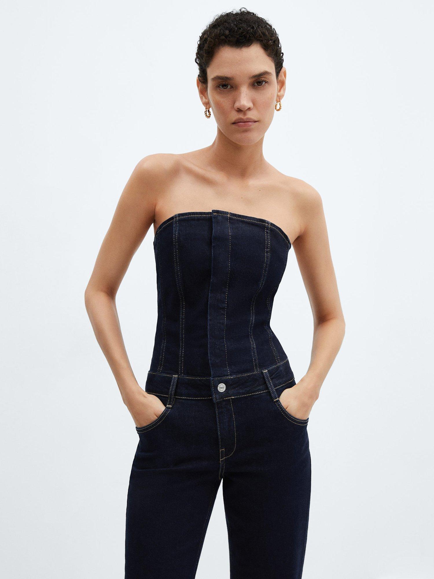Mango Danielle Strapless Denim Jumpsuit, Open Blue
