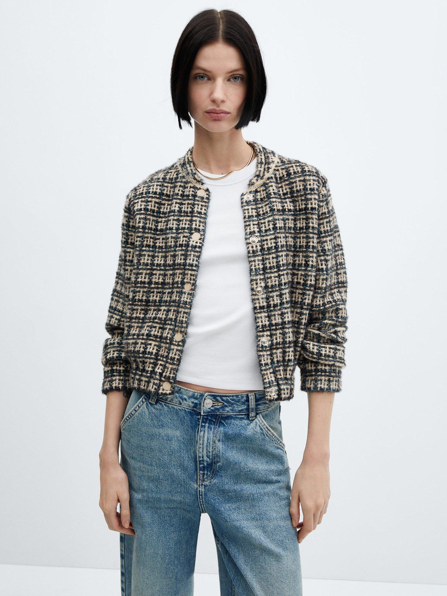 Mango Dolors Tweed Bomber Jacket, Beige/Multi