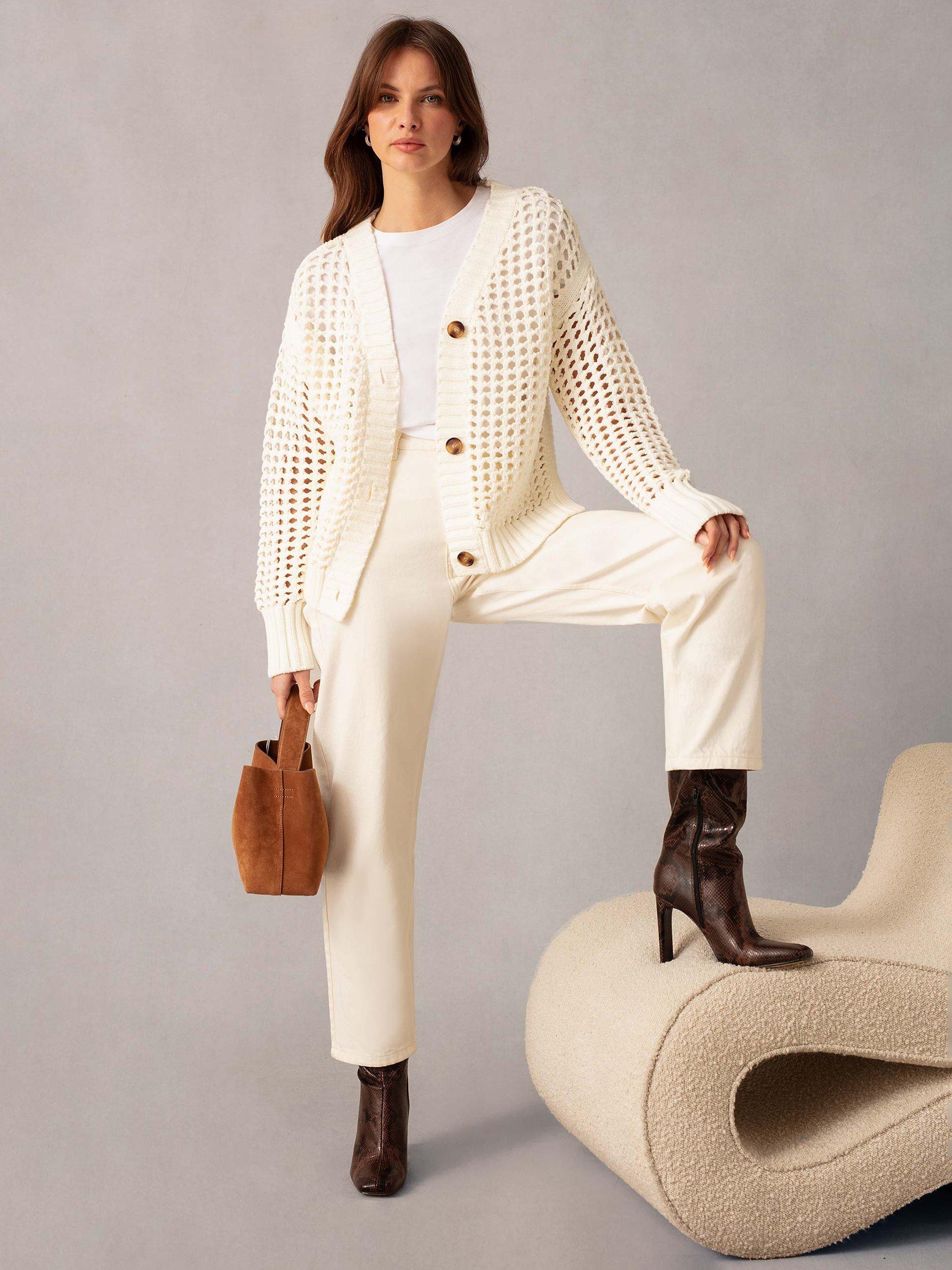 Product image 3 of 5, which shows Ro&Zo Crochet Knit Cardigan, Cream, M