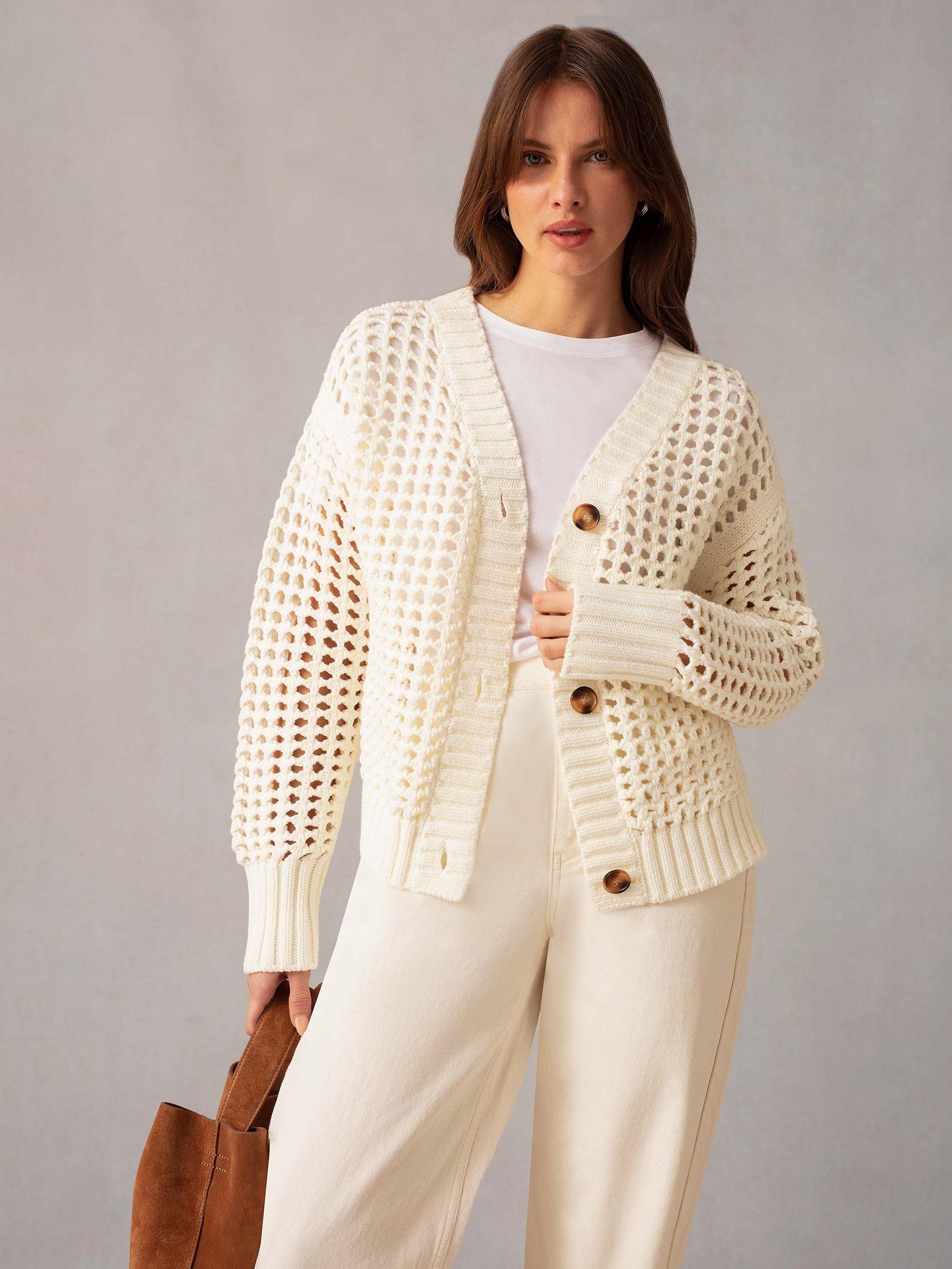 Product image 1 of 5, which shows Ro&Zo Crochet Knit Cardigan, Cream, M