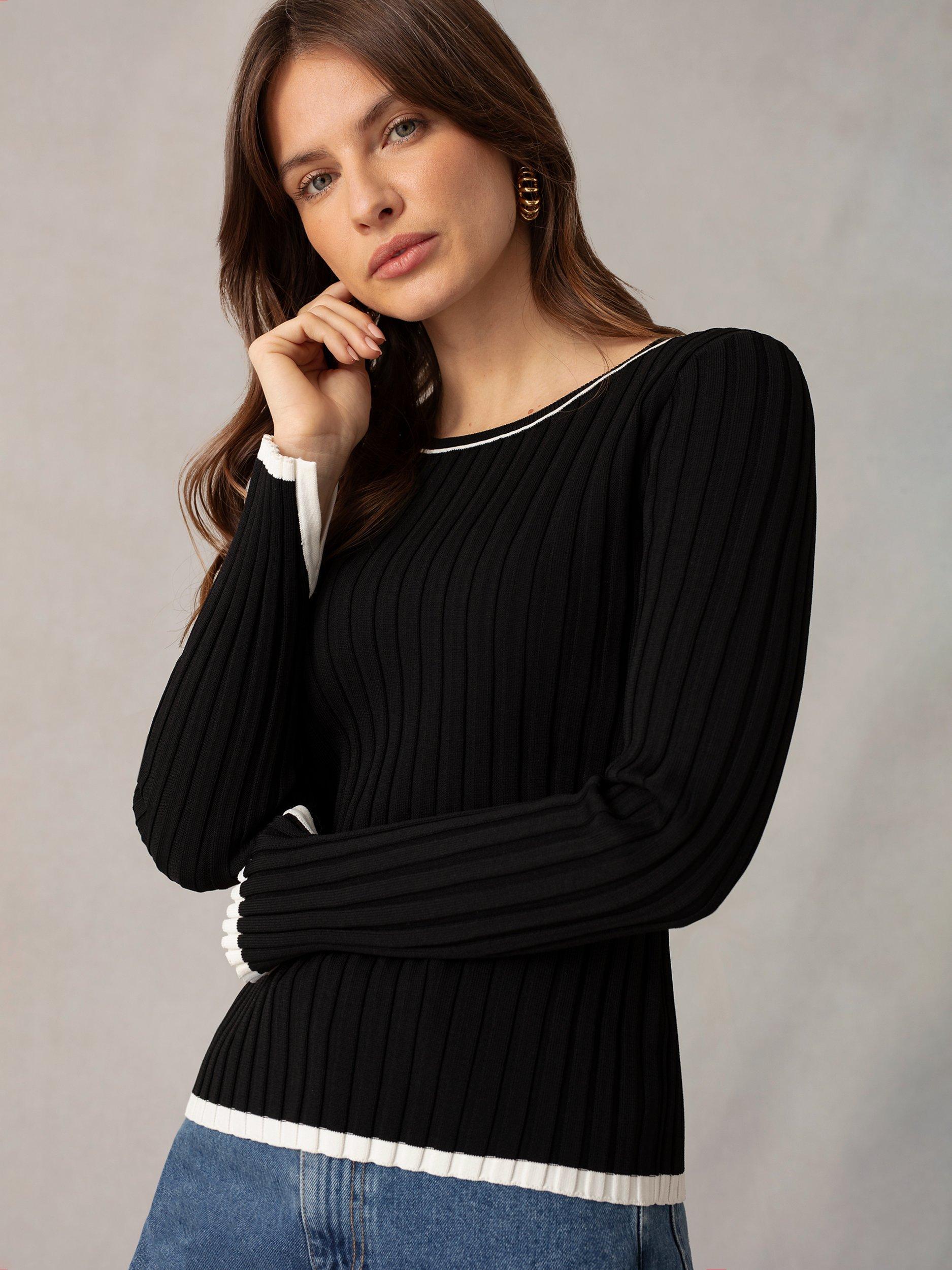 Ro&Zo Wide Rib Knit Contrast Trim Jumper, Black