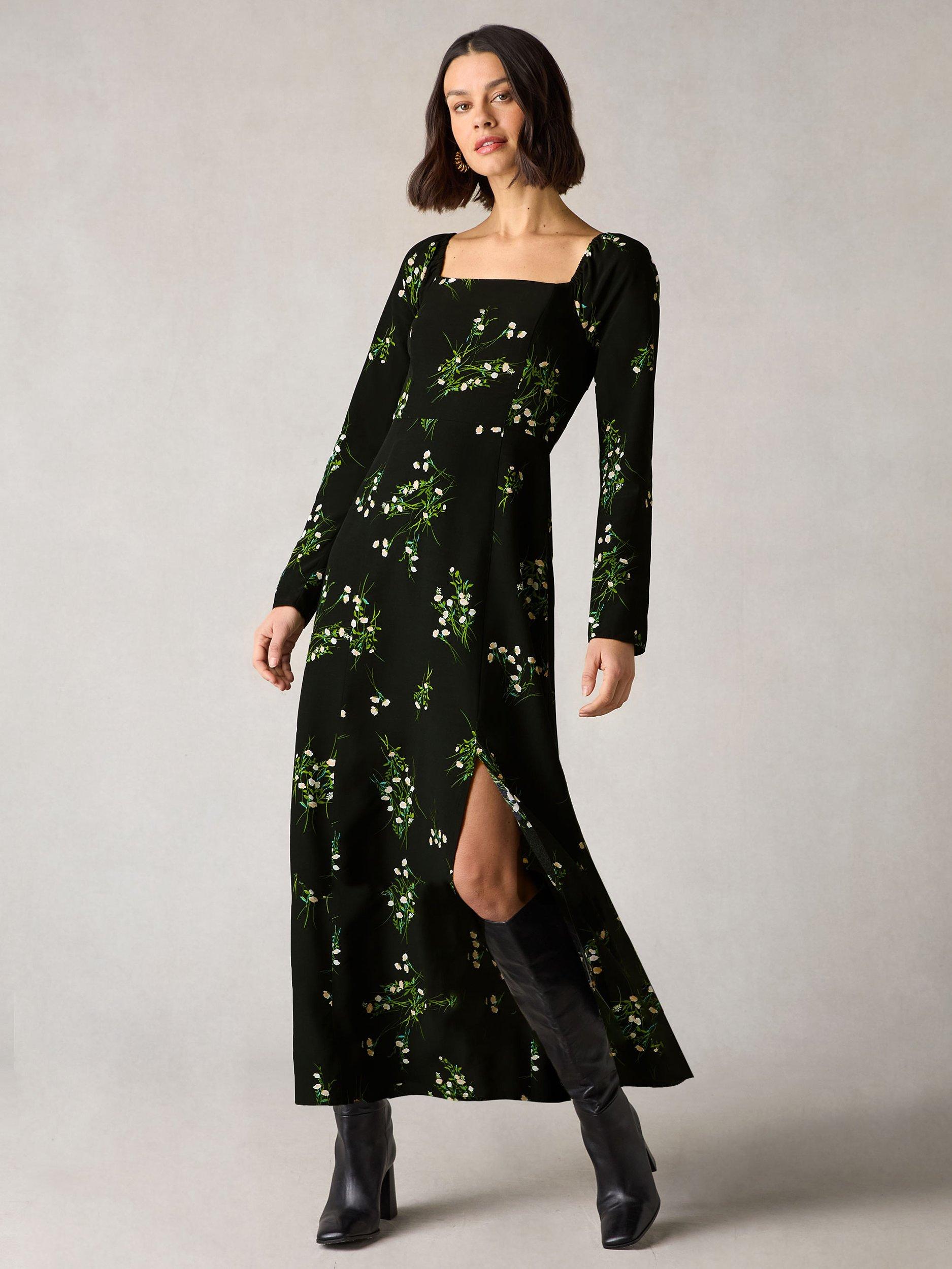Ro&Zo Petite Mini Rose Print Square Neck Midi Dress, Black/Multi, Black/Multi