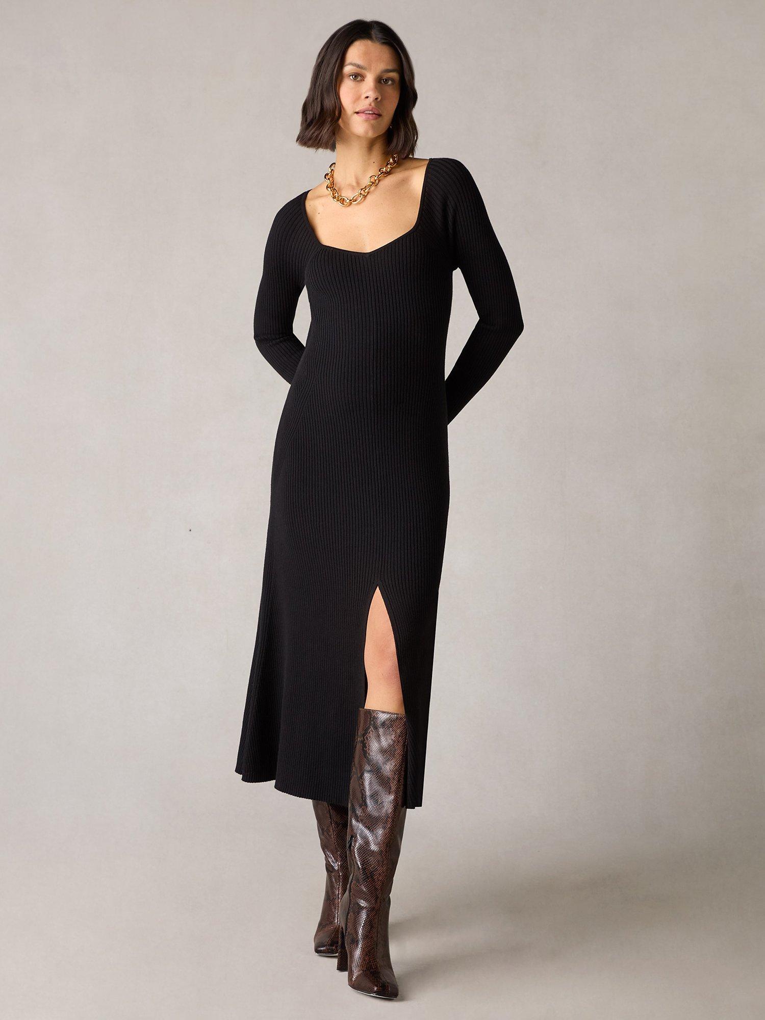 Ro Zo Petite Rib Knit Sweetheart Neck Midi Dress Black