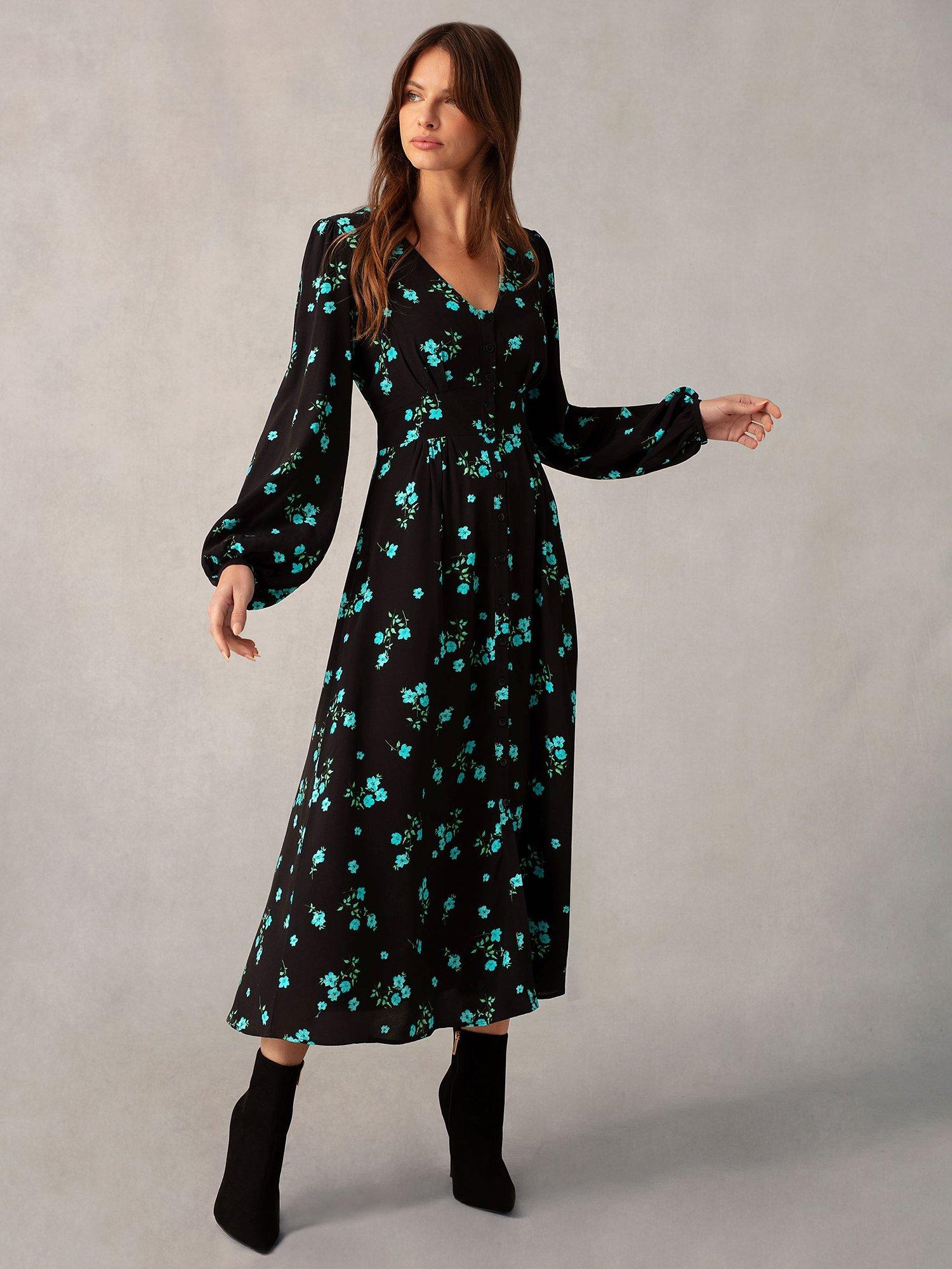 Ro&Zo Floral Cluster Print Midi Dress, Black/Multi