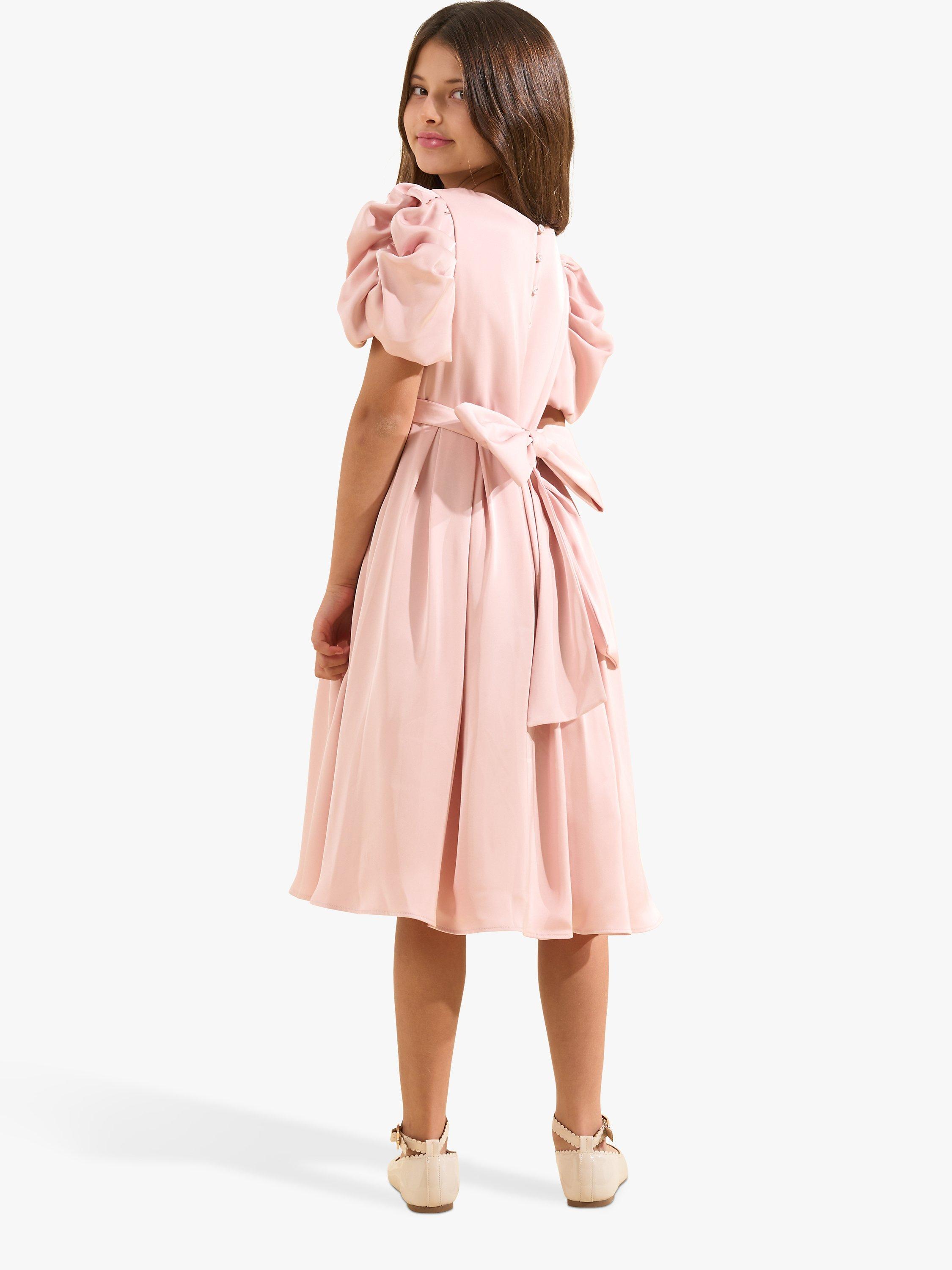 Product image 2 of 7, which shows Angel & Rocket Kids' Portia Pleated Bodice Puff Sleeve Occasion Dress, Blush, 10 years