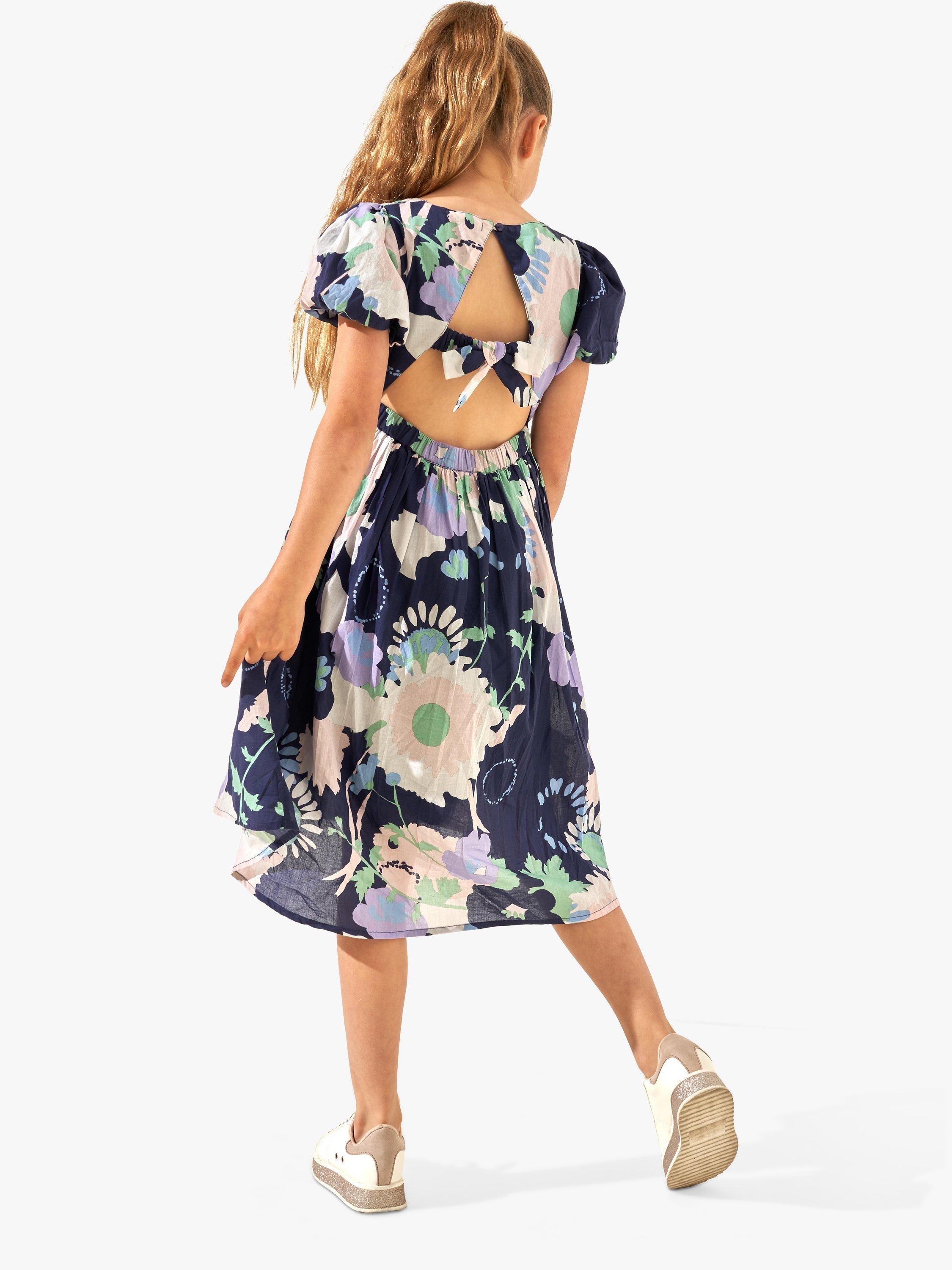 Product image 2 of 7, which shows Angel & Rocket Kids' Evita Floral Print Tie Back Print Dress, Purple, 6 years