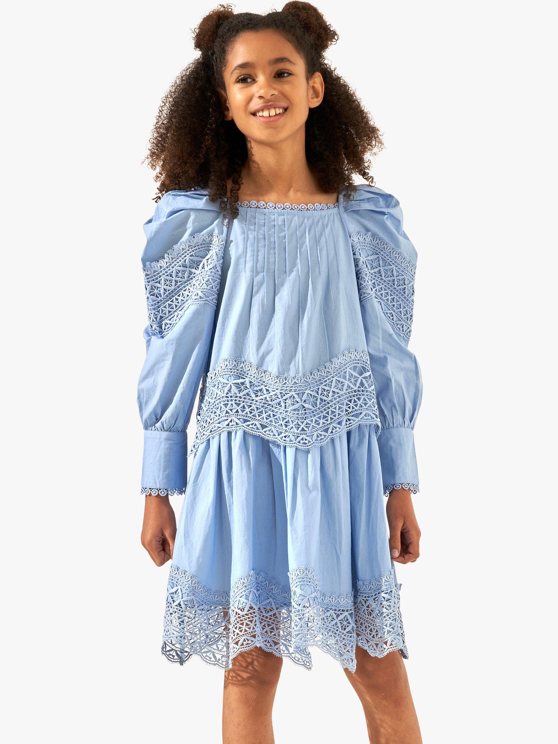 Angel & Rocket Kids' Lace Pintuck Knee Length Dress, Cornflower