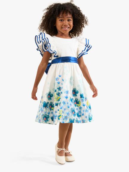 Angel & Rocket Kids' Emilie Border Print Tie Sash Dress, White/Multi, White/Multi