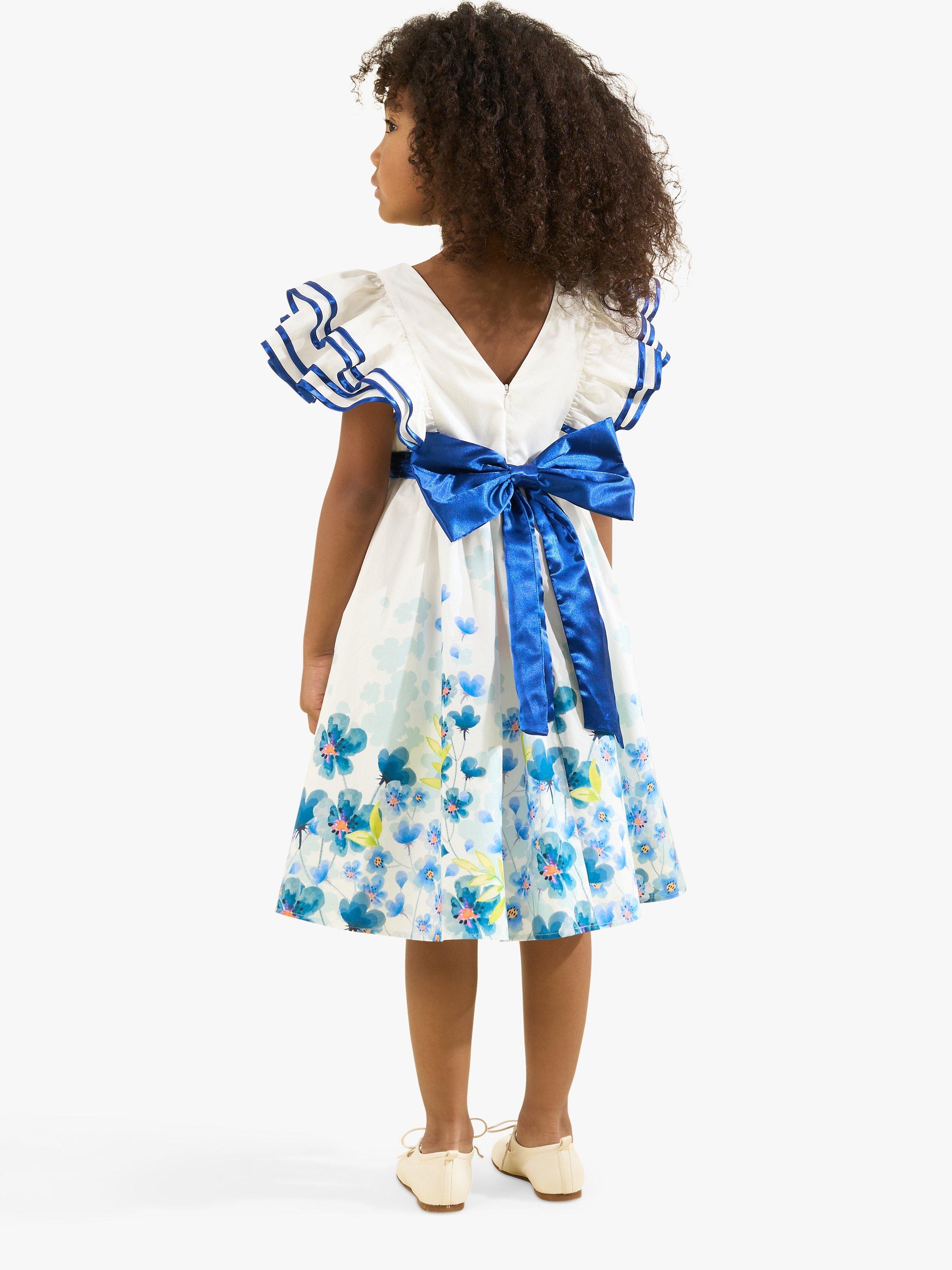 Product image 2 of 7, which shows Angel & Rocket Kids' Emilie Border Print Tie Sash Dress, White/Multi, 3 years