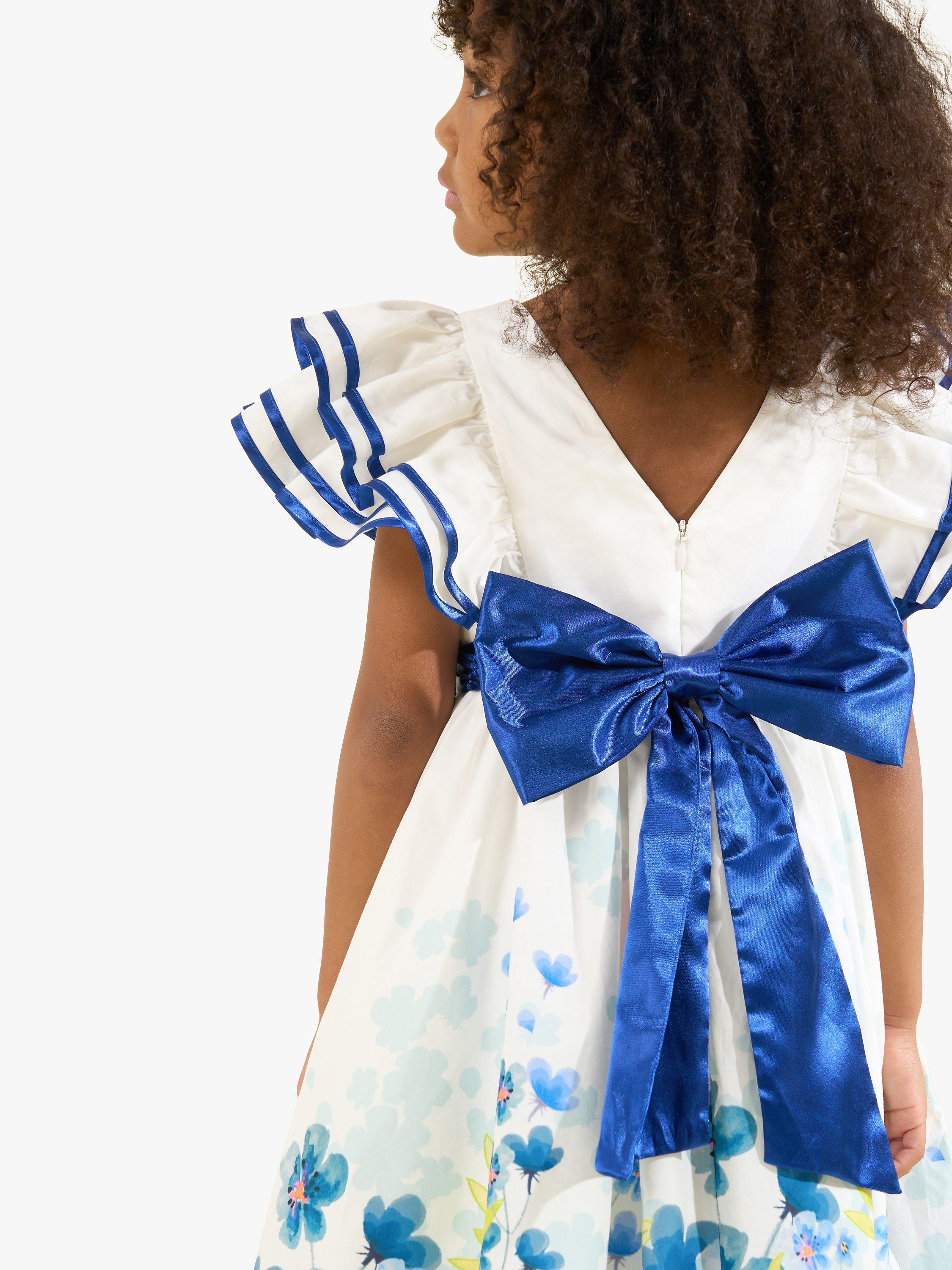 Product image 4 of 7, which shows Angel & Rocket Kids' Emilie Border Print Tie Sash Dress, White/Multi, 3 years