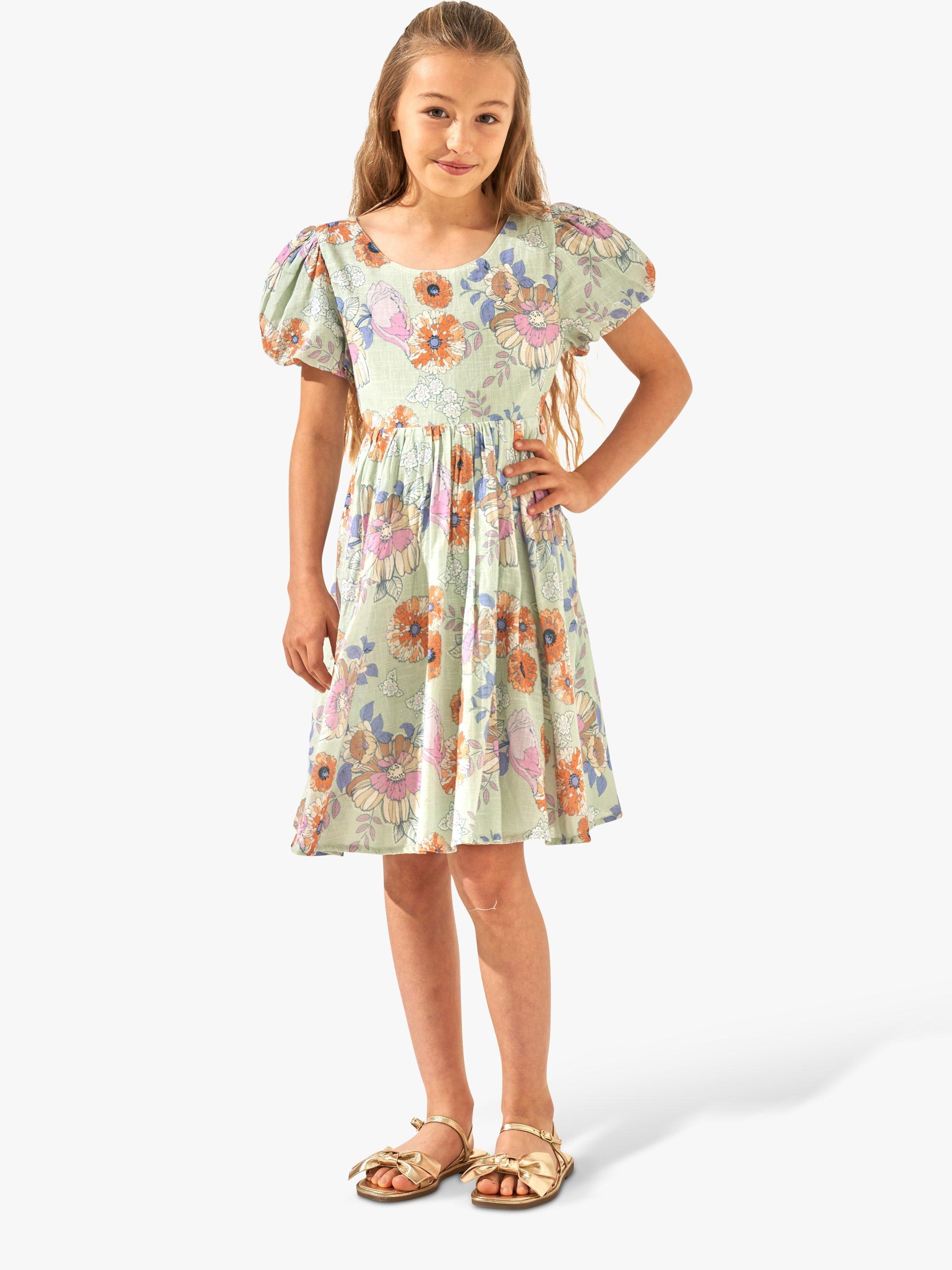 Product image 1 of 5, which shows Angel & Rocket Kids' Floral Print Tie Back Dress, Sage, 7 years