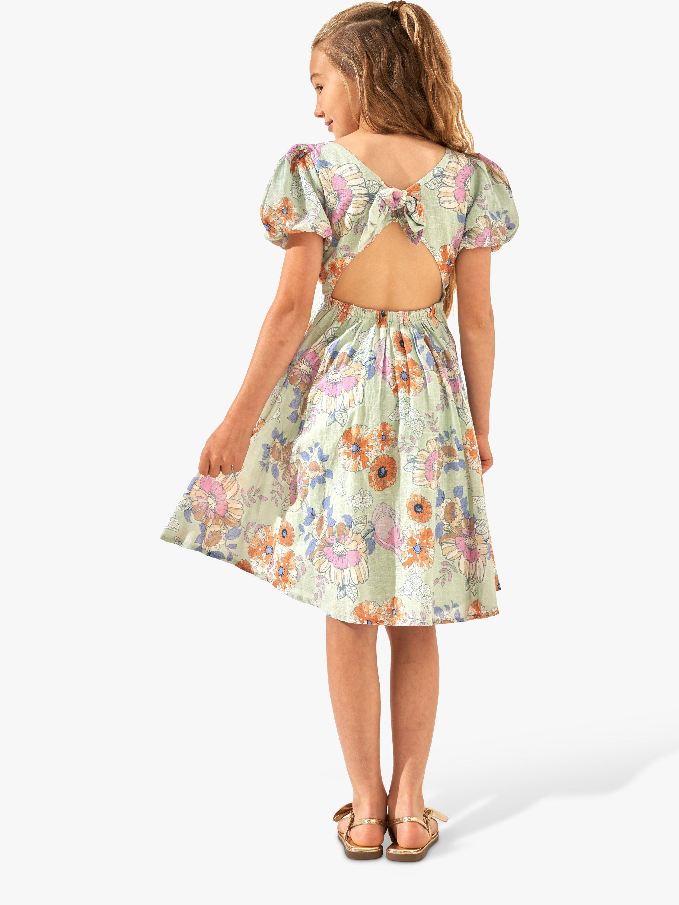 Product image 2 of 5, which shows Angel & Rocket Kids' Floral Print Tie Back Dress, Sage, 7 years