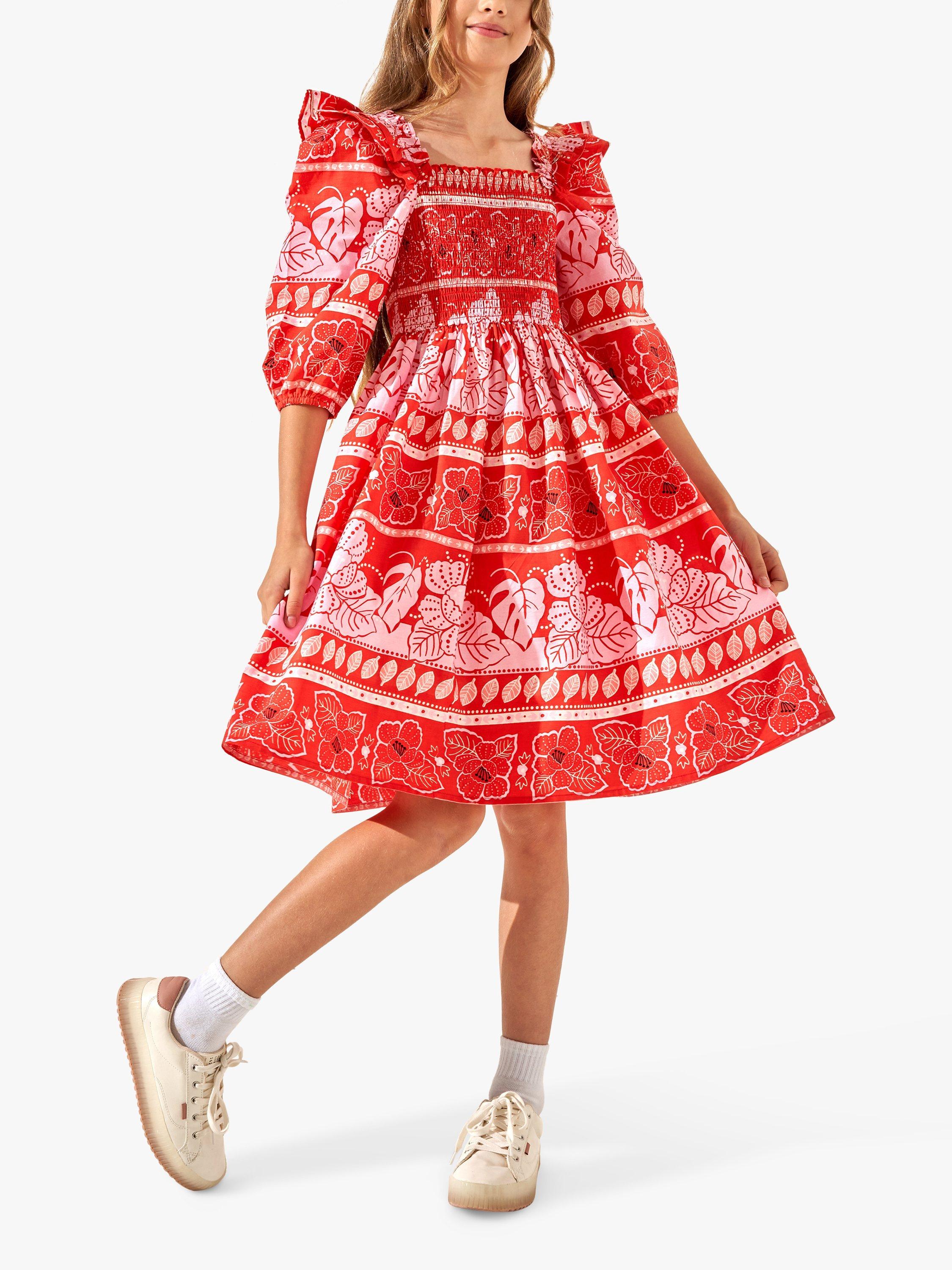 Angel & Rocket Kids' Lola Floral Batik Print Dress, Red/Multi