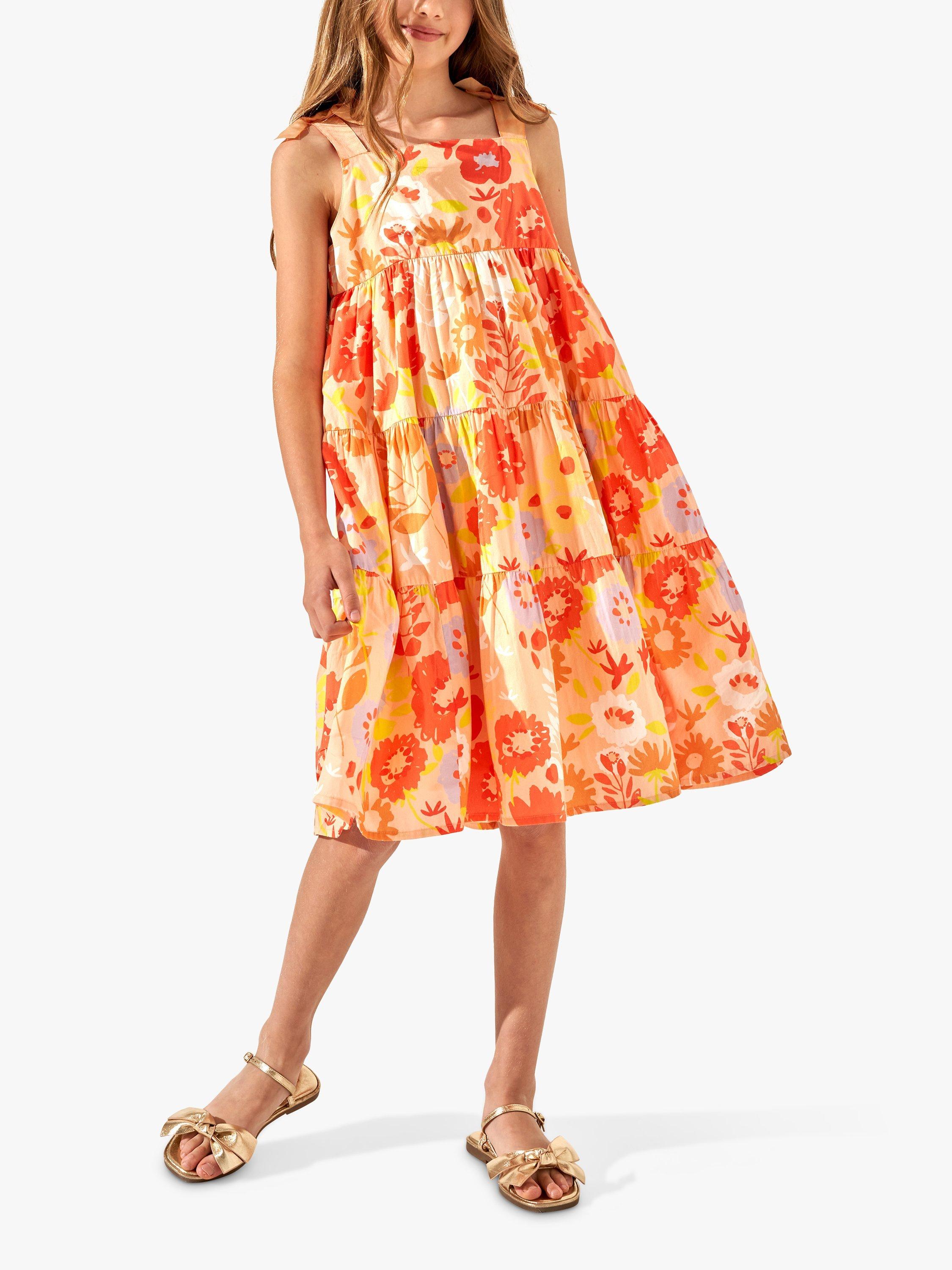 Angel & Rocket Kids' Julieta Ribbon Strap Floral Print Dress, Orange
