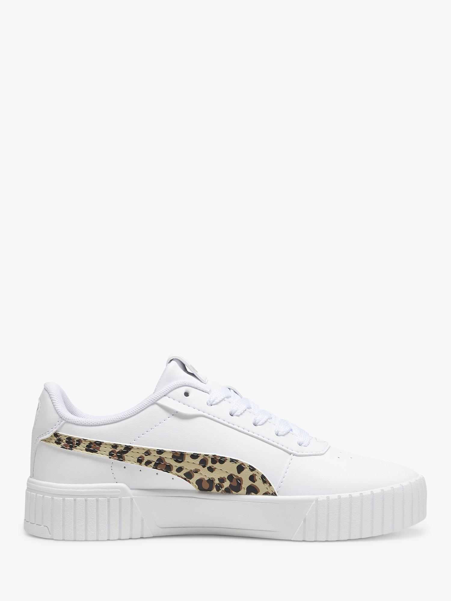 PUMA Kids' Carina 2.0 Jr Leopard Print Detail Leather Trainers, White/Multi