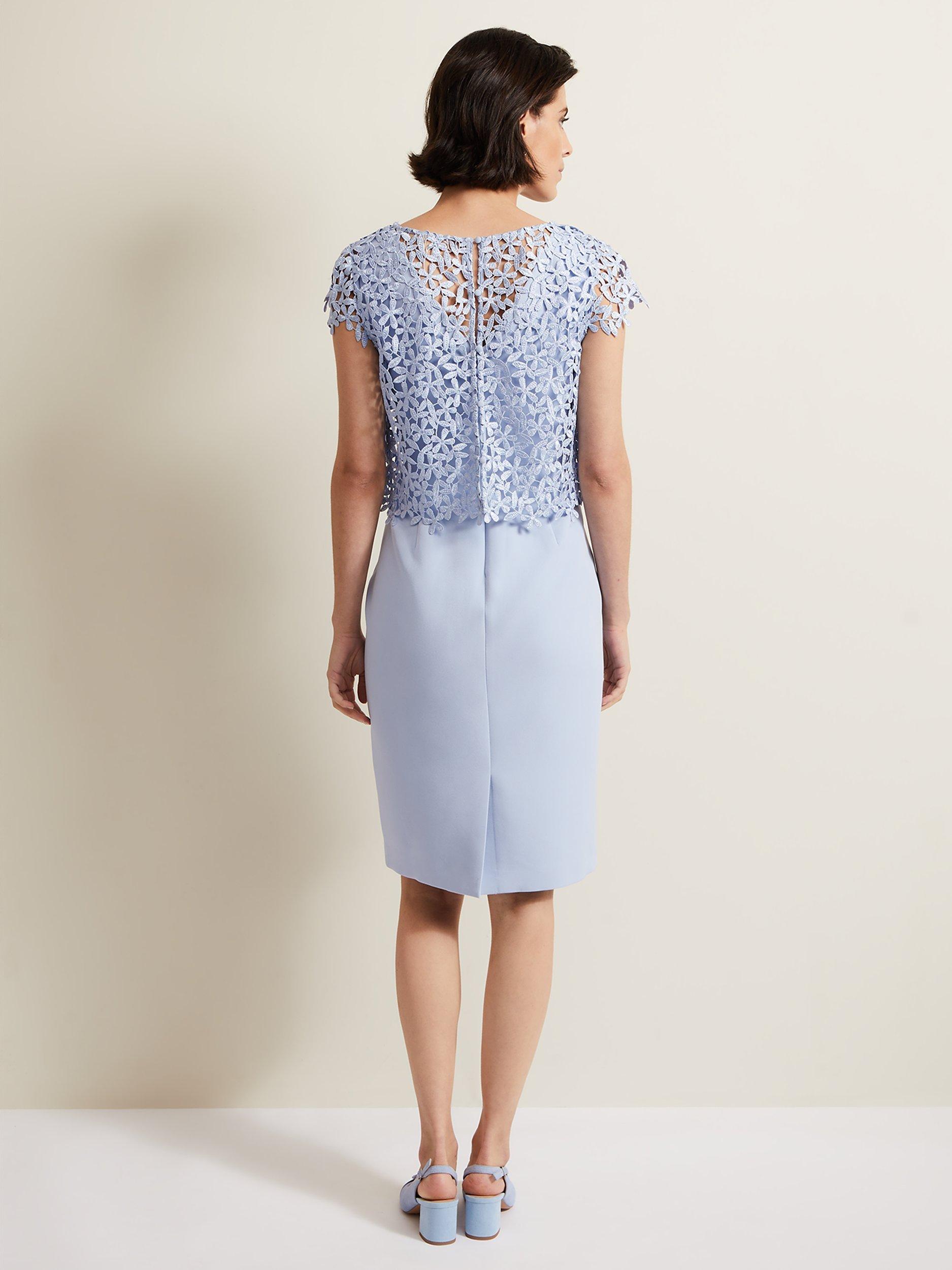 Product image 2 of 6, which shows Phase Eight Daisy Textured Bodice Dress, Pale Blue, 10