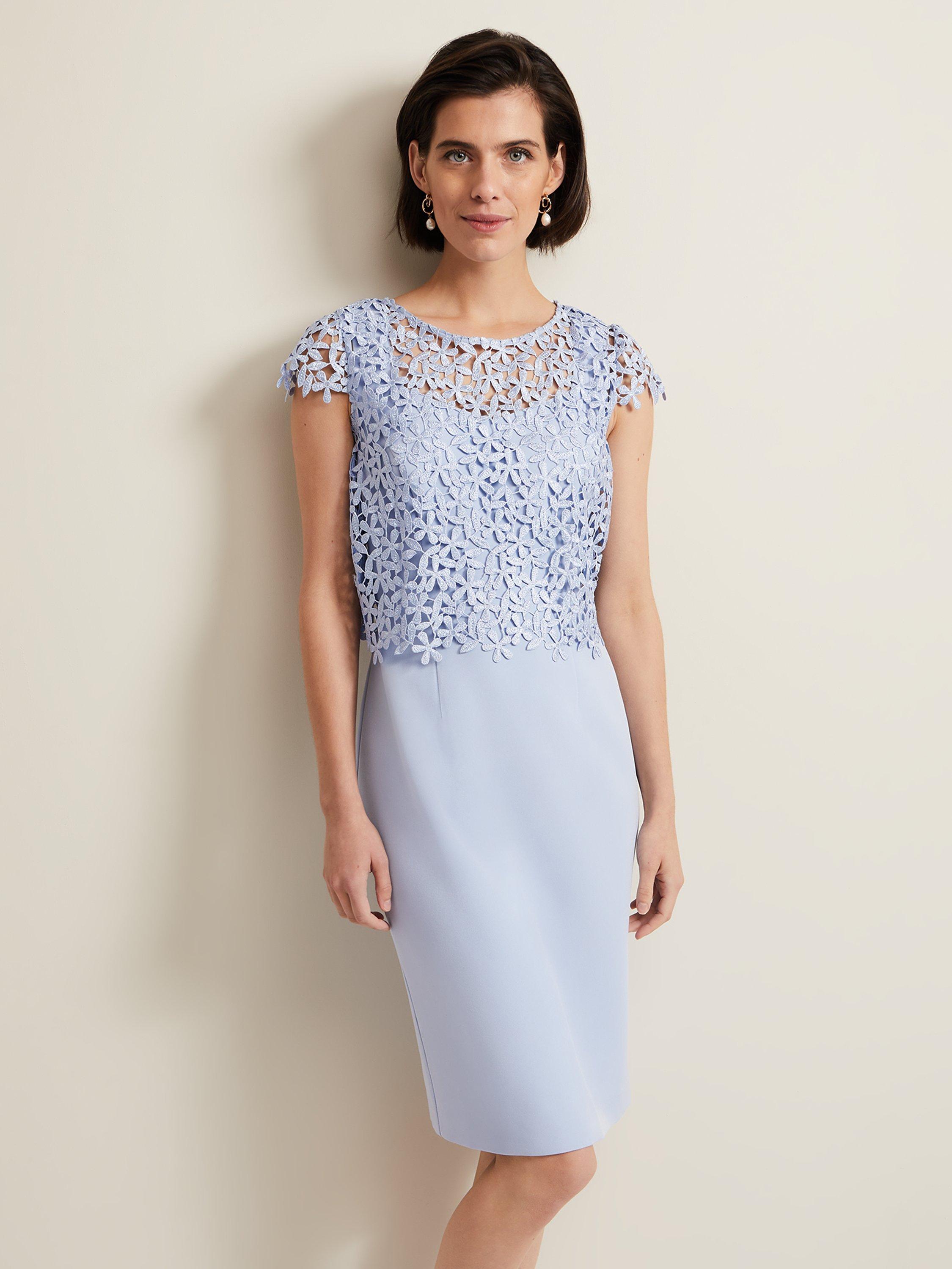 Product image 3 of 6, which shows Phase Eight Daisy Textured Bodice Dress, Pale Blue, 10