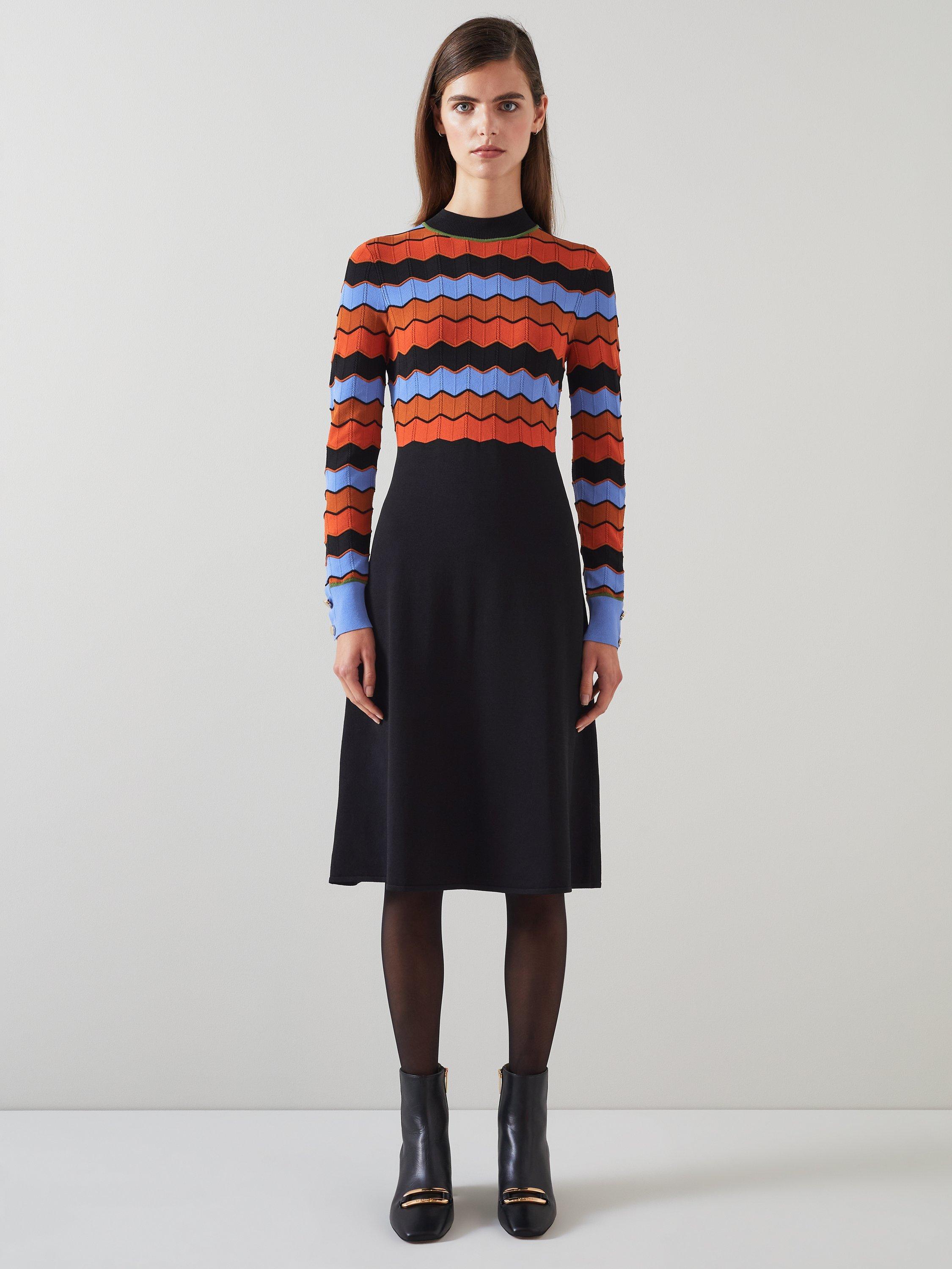 L.K.Bennett Elina Chevron Knit Dress, Black/Multi