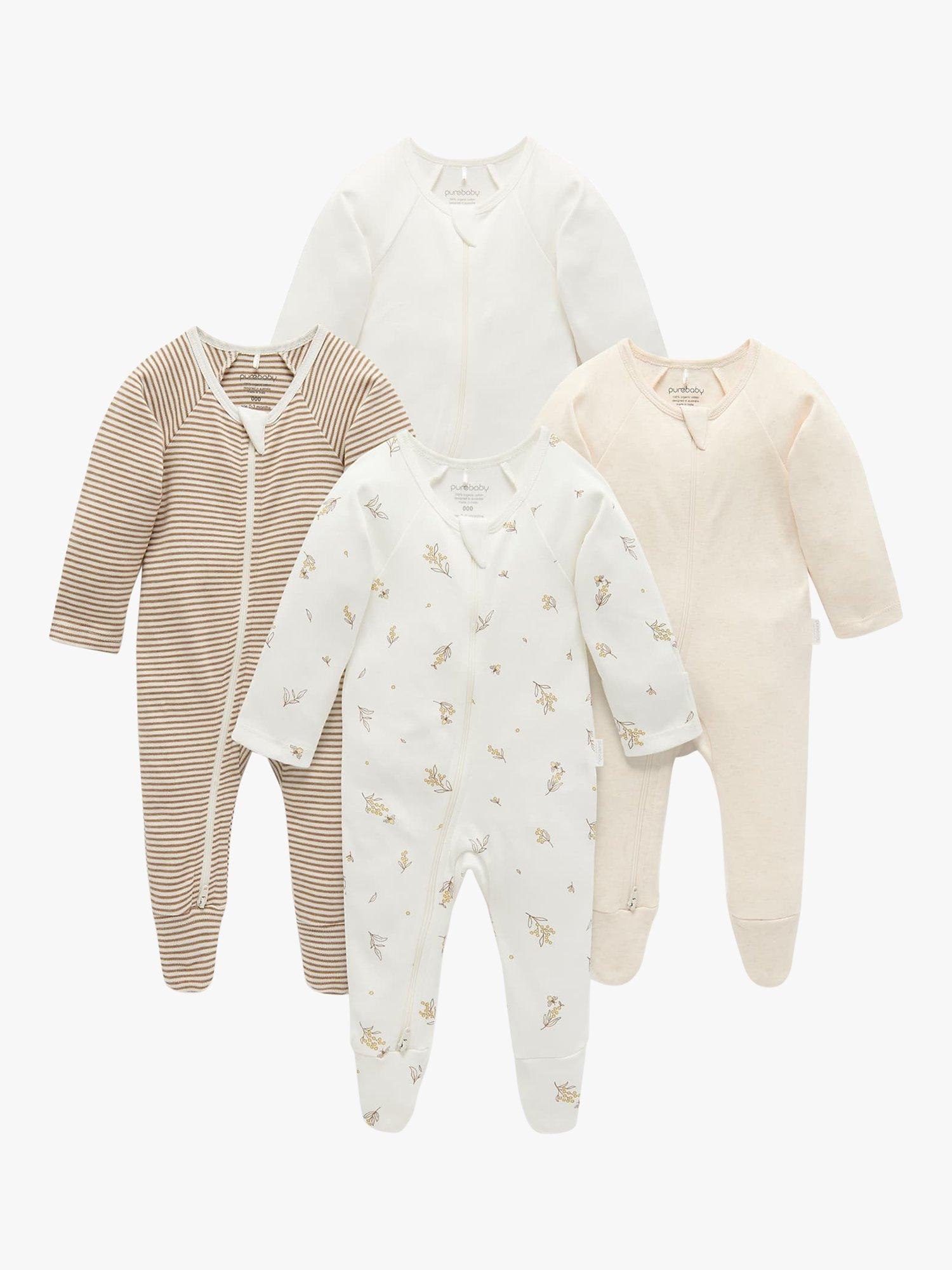 Product image 1 of 1, which shows Purebaby Baby Organic Cotton Floral/Stripe/Plain Sleepsuits, Pack of 4, Vanilla Wattlebee, 0-3 months