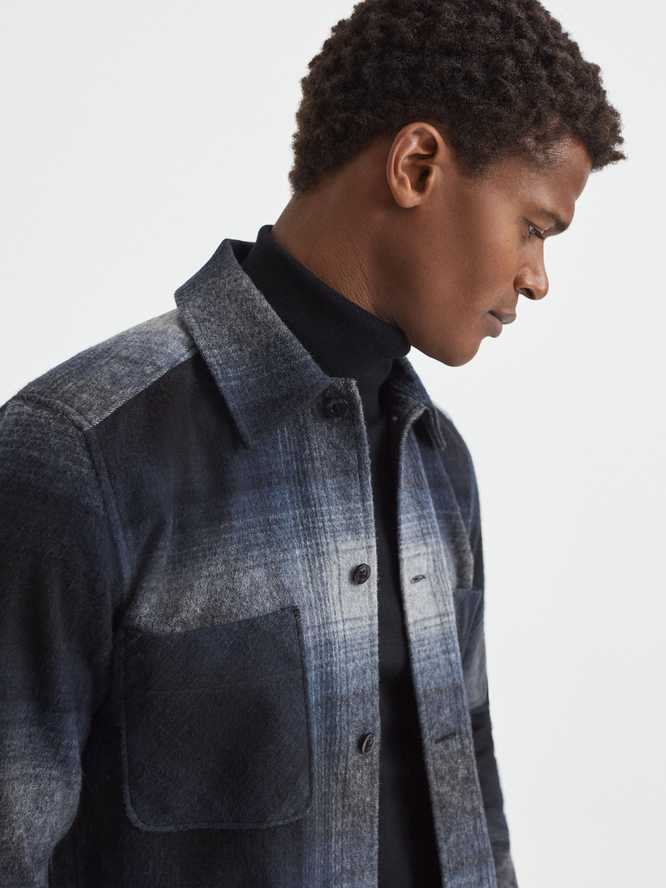 Reiss Idaho Wool Blend Brushed Checked Long Sleeve Shirt, Blue/Multi