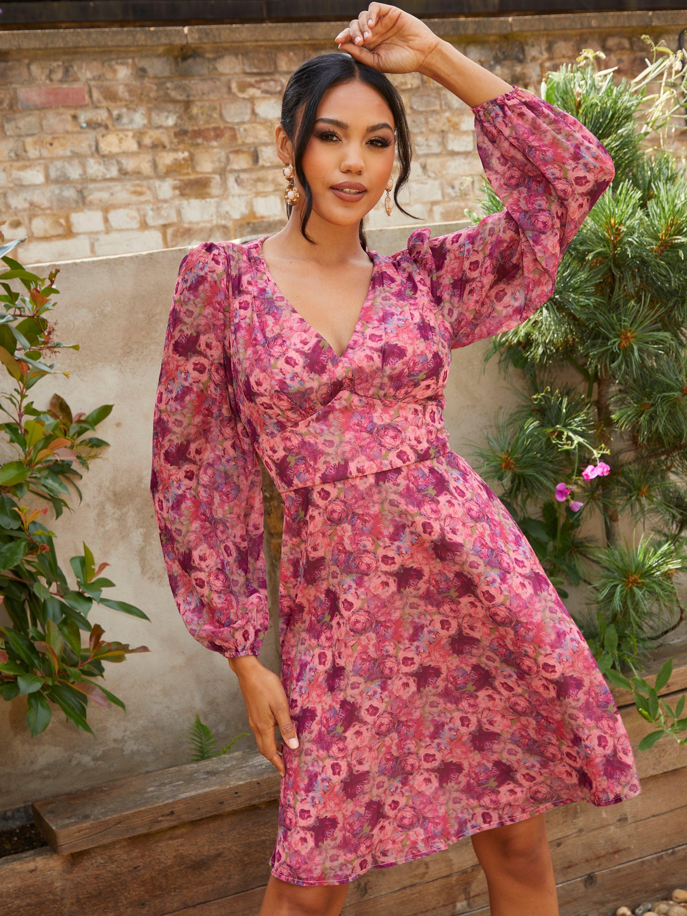 Product image 1 of 2, which shows Chi Chi London V Neck Floral Dress, Pink, 6