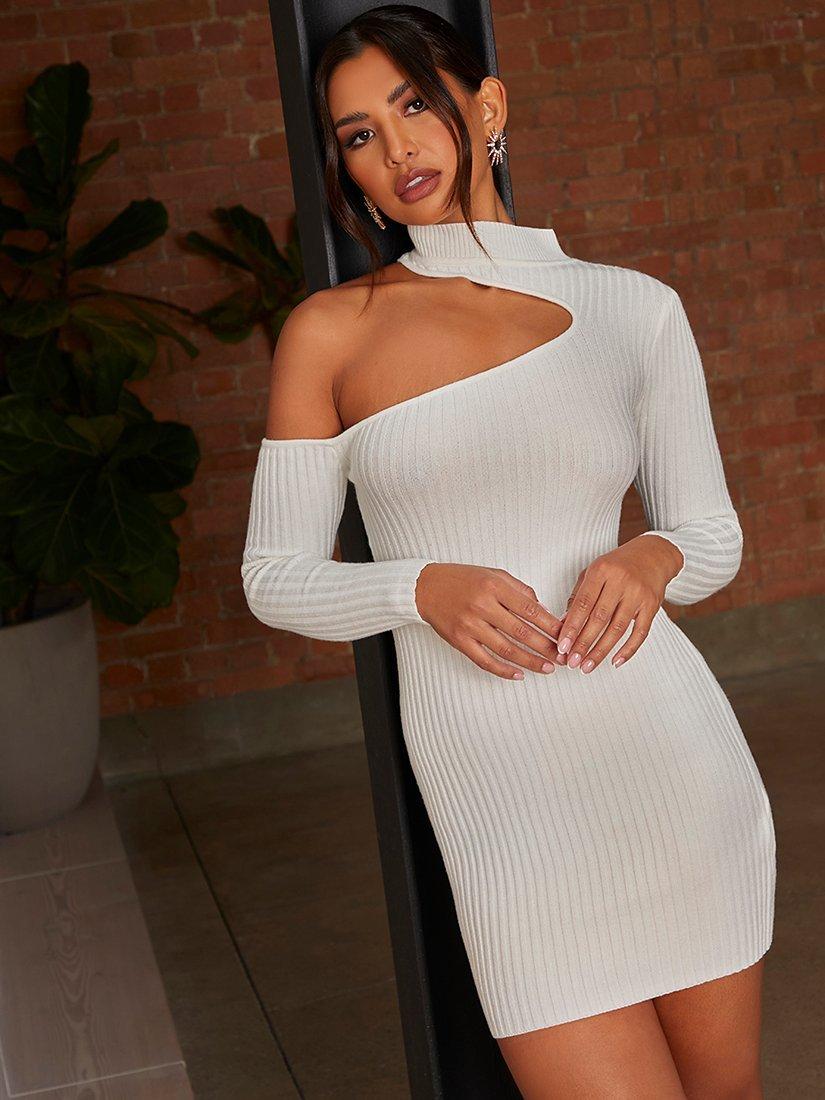Product image 2 of 4, which shows Chi Chi London Cut-Out Ribbed Mini Dress, White, S