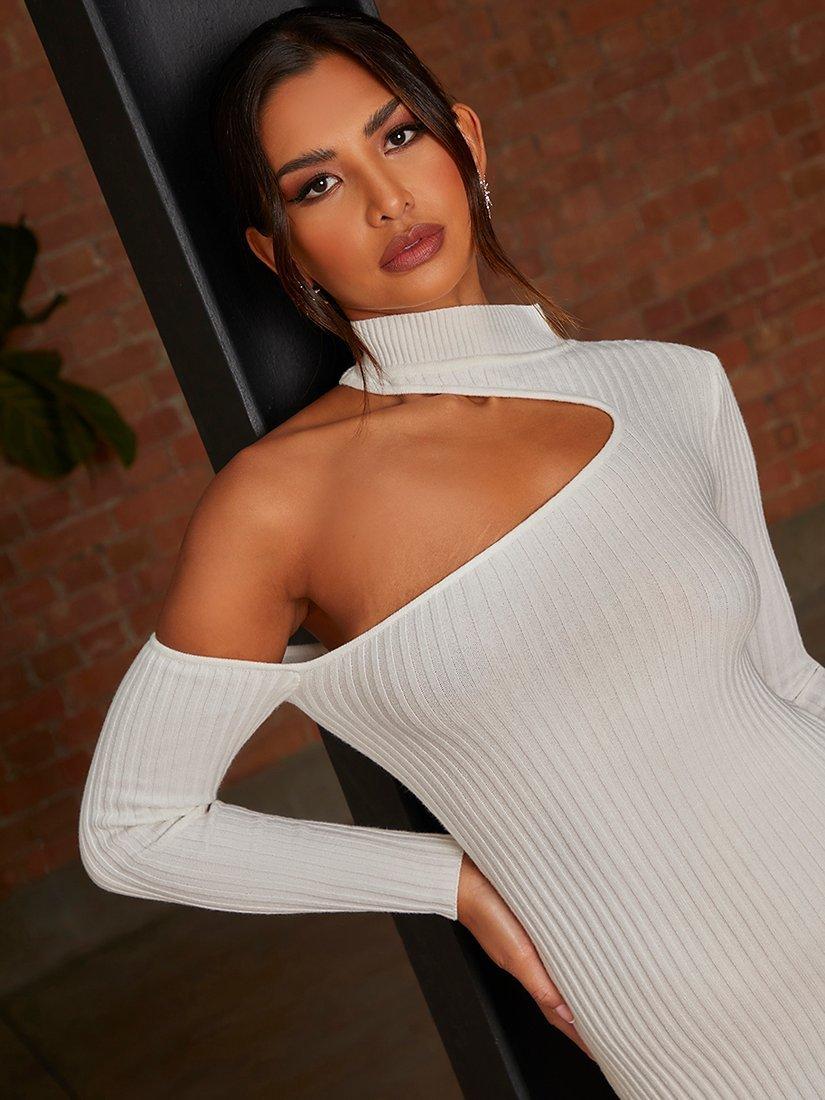 Product image 3 of 4, which shows Chi Chi London Cut-Out Ribbed Mini Dress, White, S