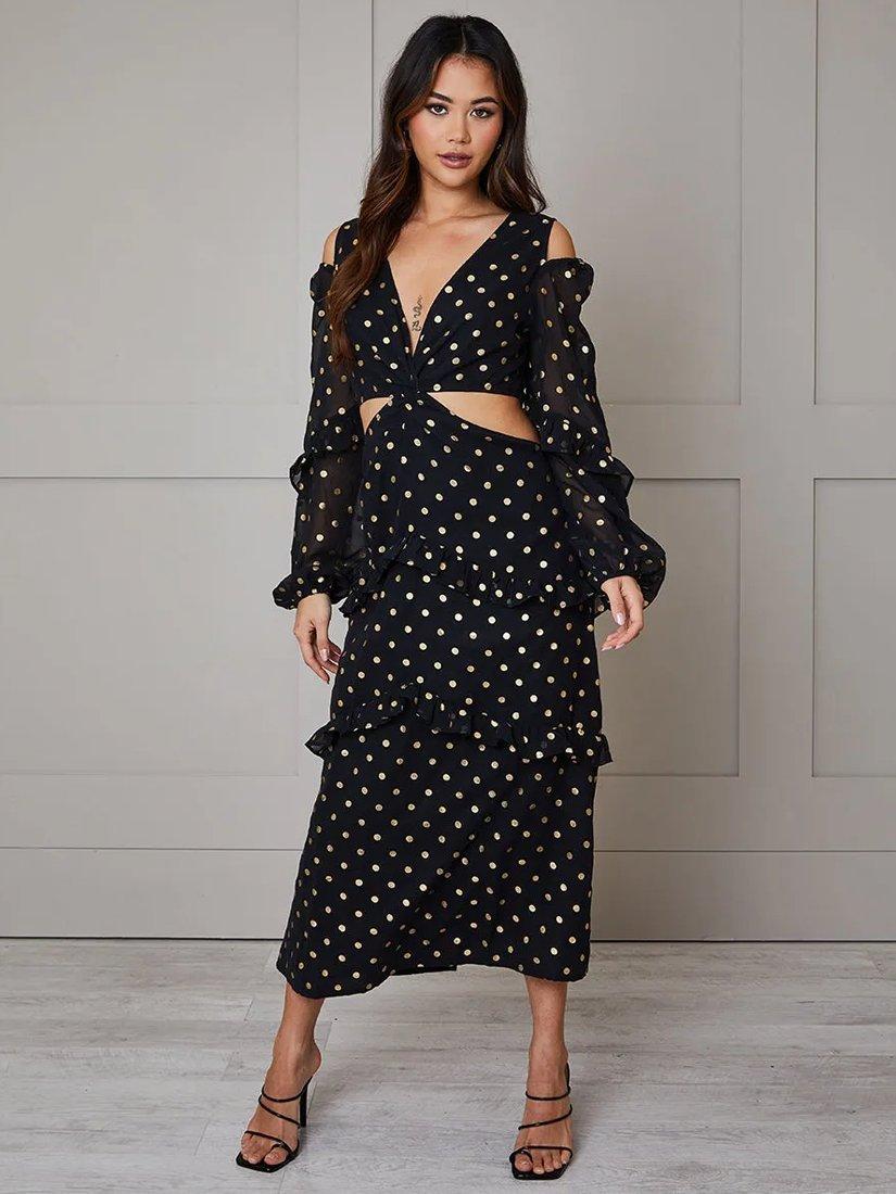 Product image 1 of 3, which shows Chi Chi London Ruffle Foil Spot Cutout Maxi Dress, Black/Gold, 14