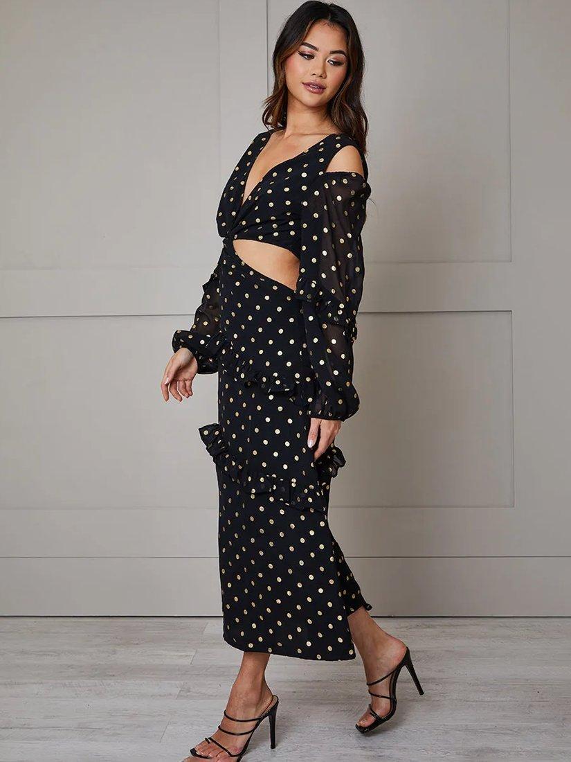 Product image 2 of 3, which shows Chi Chi London Ruffle Foil Spot Cutout Maxi Dress, Black/Gold, 14