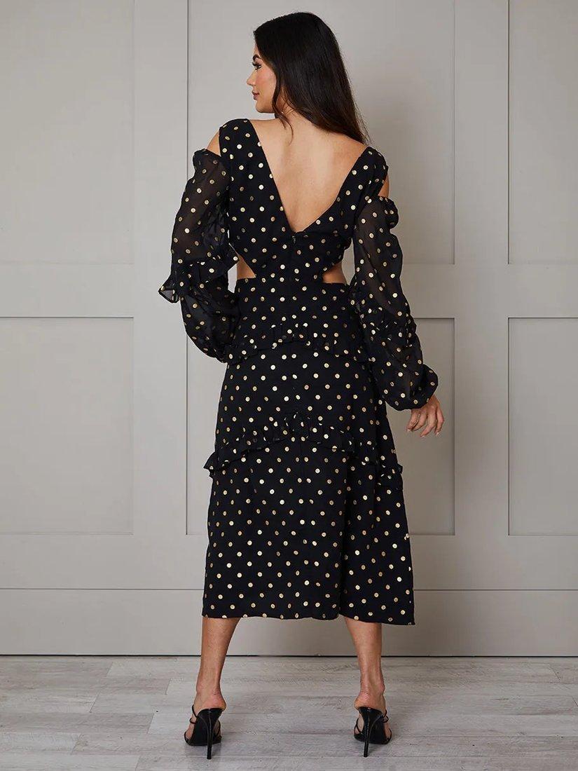 Product image 3 of 3, which shows Chi Chi London Ruffle Foil Spot Cutout Maxi Dress, Black/Gold, 14