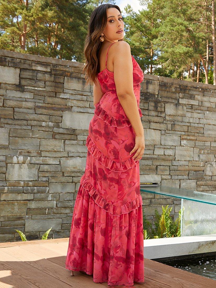 Product image 2 of 3, which shows Chi Chi London Floral Tiered Maxi Dress, Red, 6
