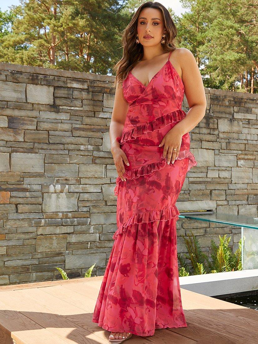 Product image 1 of 3, which shows Chi Chi London Floral Tiered Maxi Dress, Red, 6