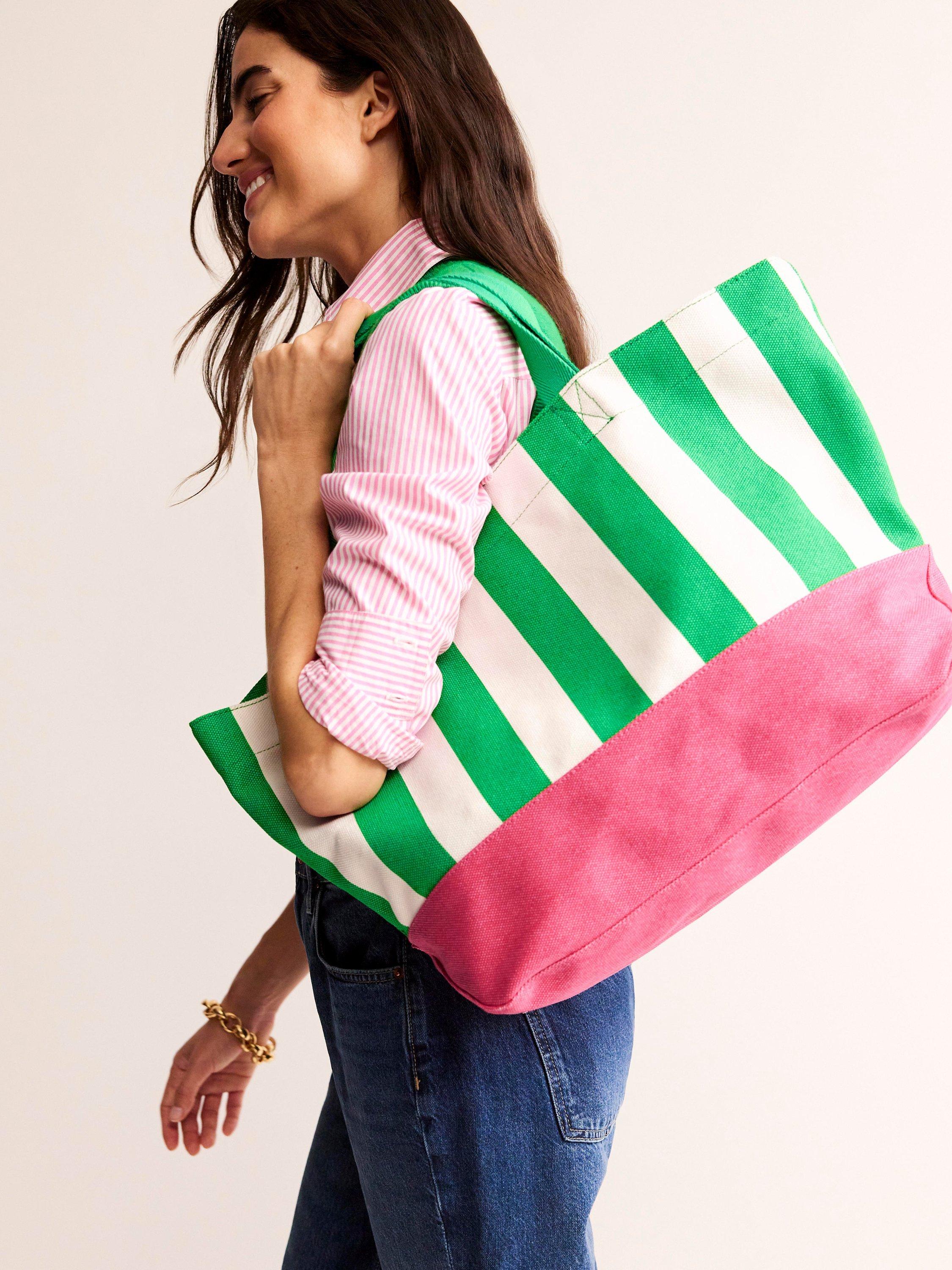 Boden Relaxed Canvas Stripe Tote Bag Green White Pink One Size