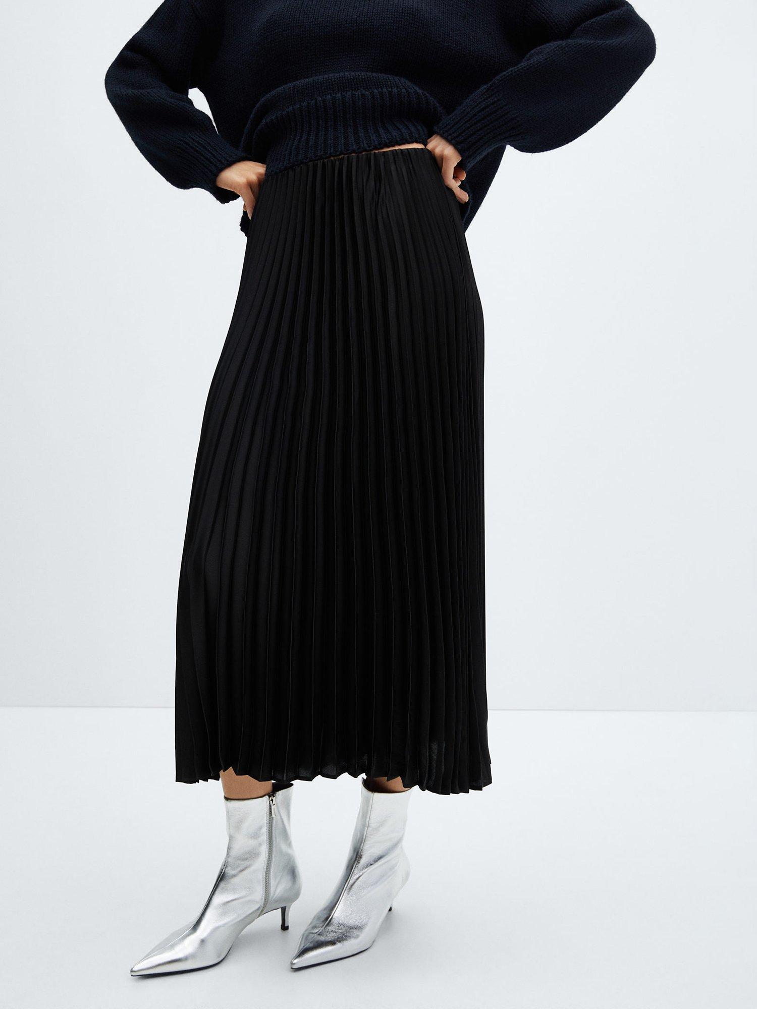Mango Plisado Pleated Midi Satin Skirt Black