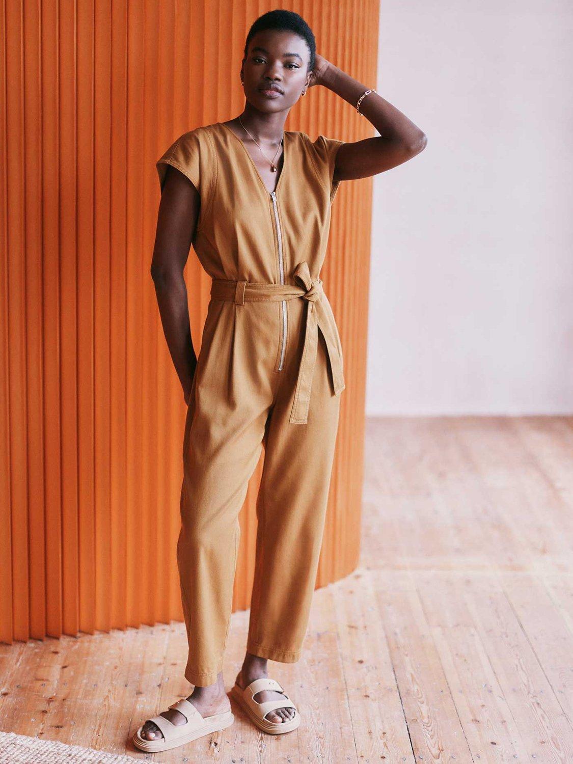 VIVERE Luna Cotton Blend Twill Jumpsuit, Mid Brown
