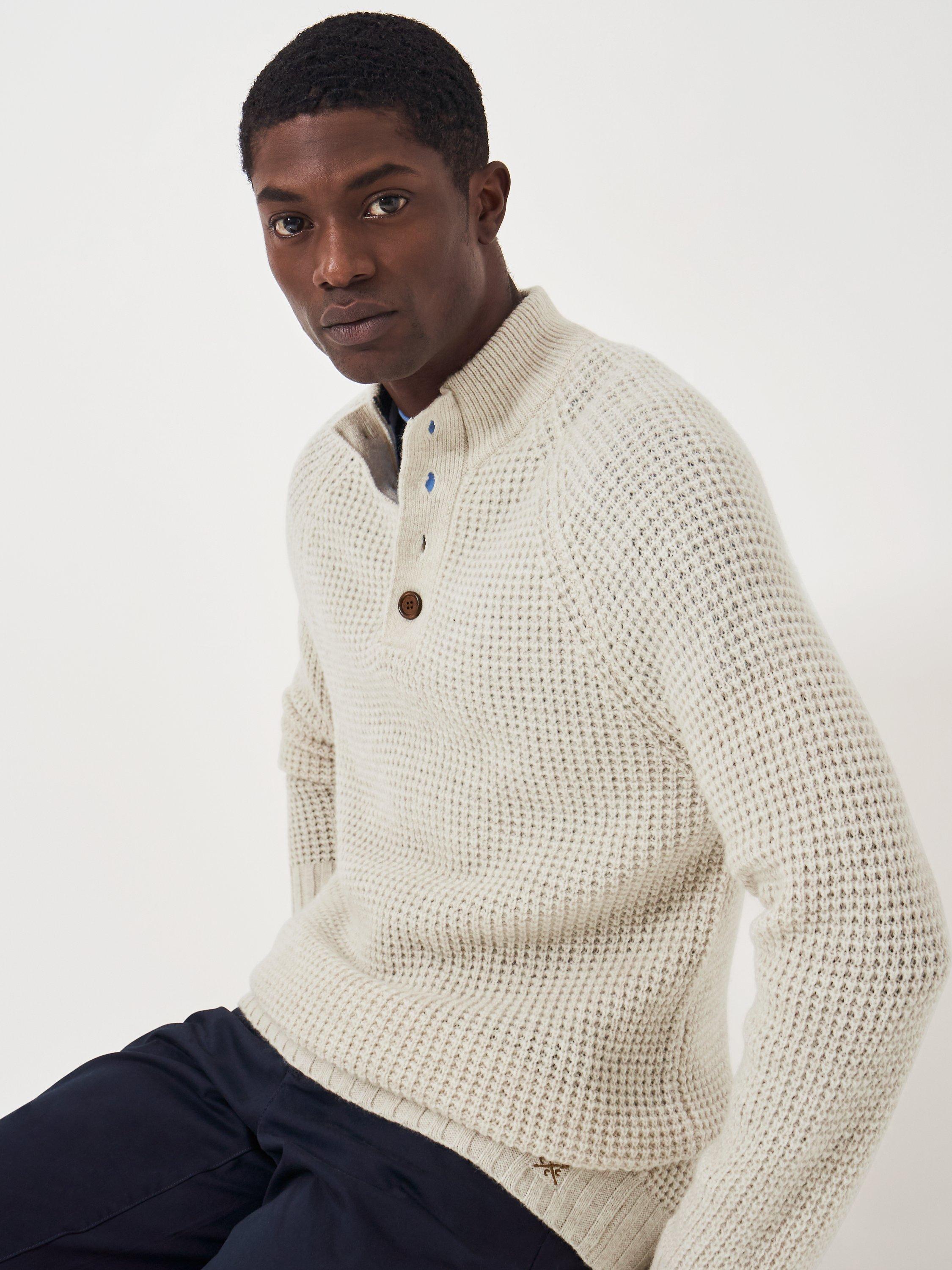 Crew Clothing Wilden Wool Blend Button Neck Waffle Knit Jumper, Oatmeal