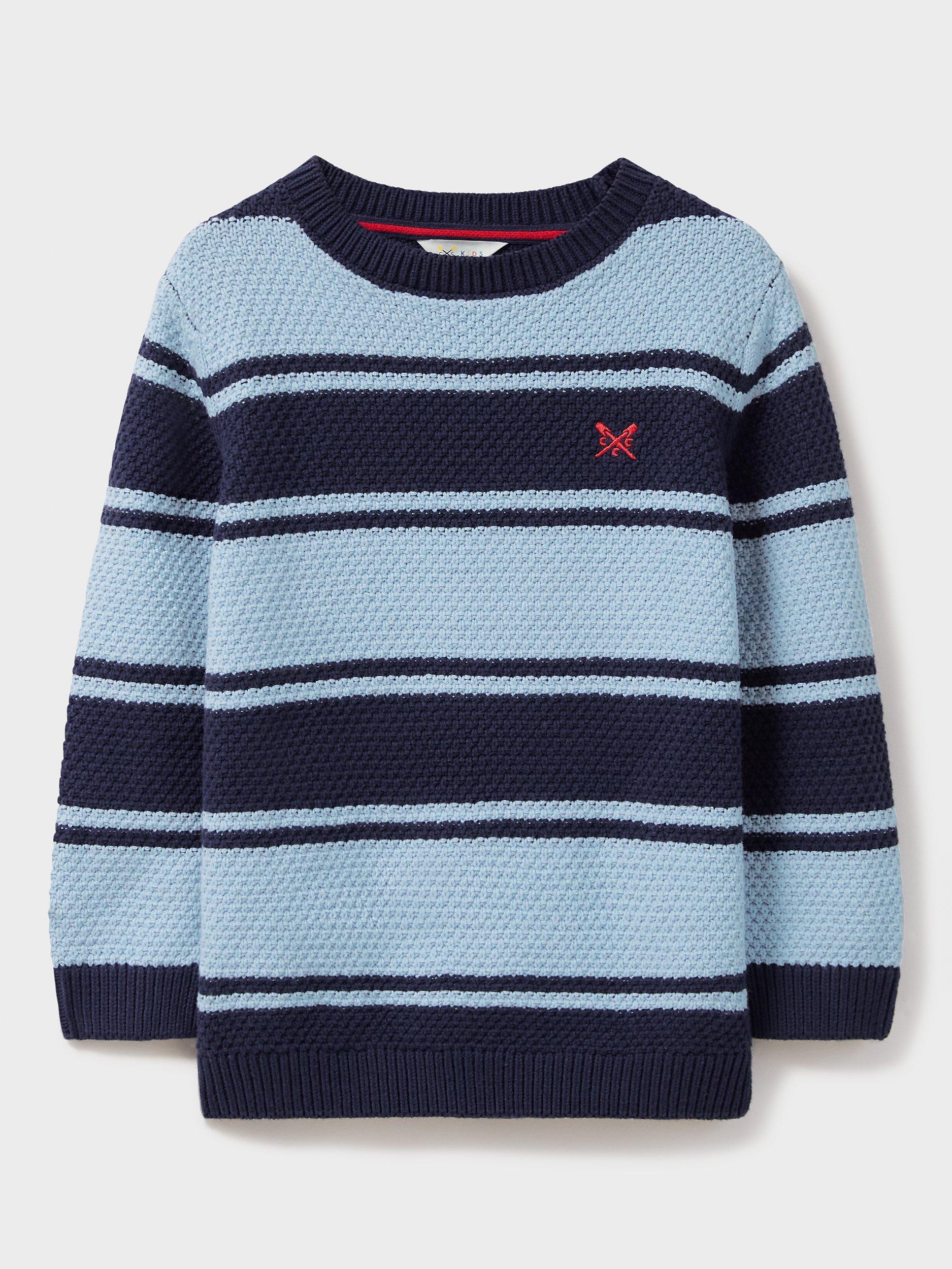 Crew Clothing Kids' Stripe Waffle Stitch Jumper, Navy Blue/Pale Blue