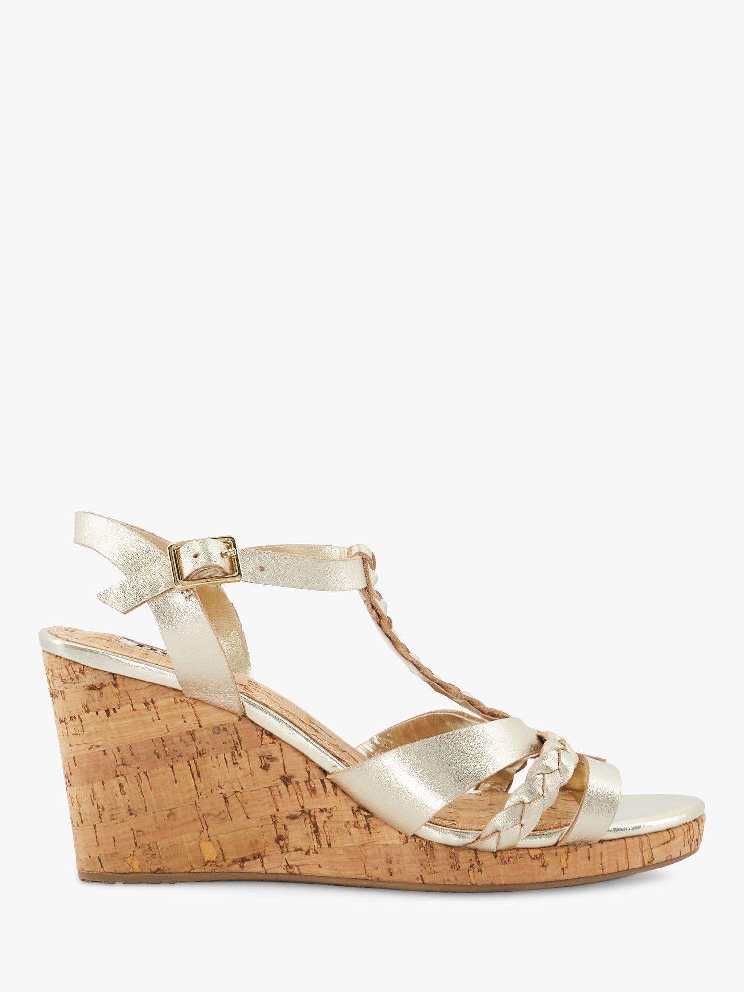 Dune Koali Leather Plait T Bar Wedge Sandals Gold