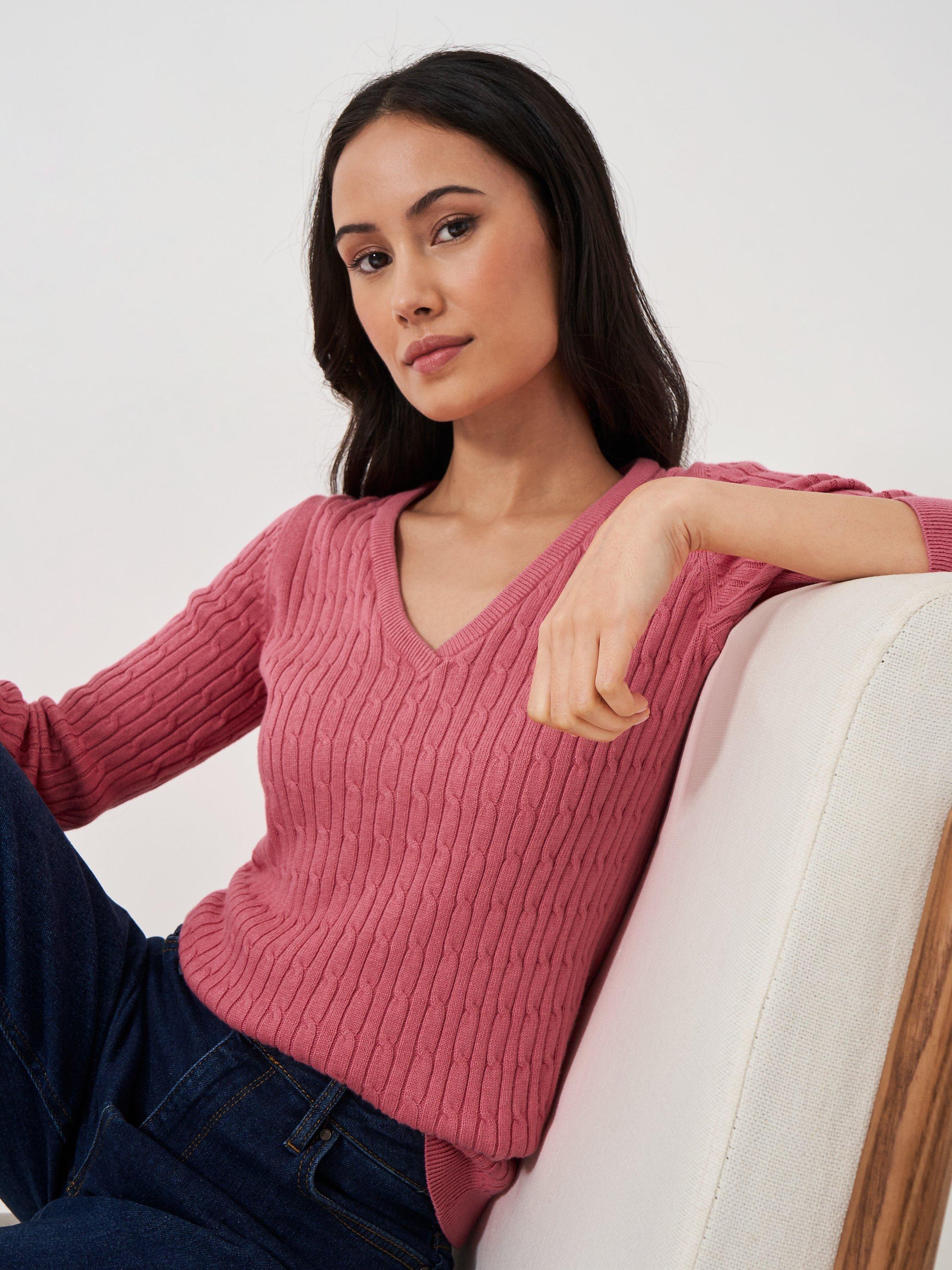 Crew Clothing Heritage Cable Knit V-Neck Jumper, Rose Pink