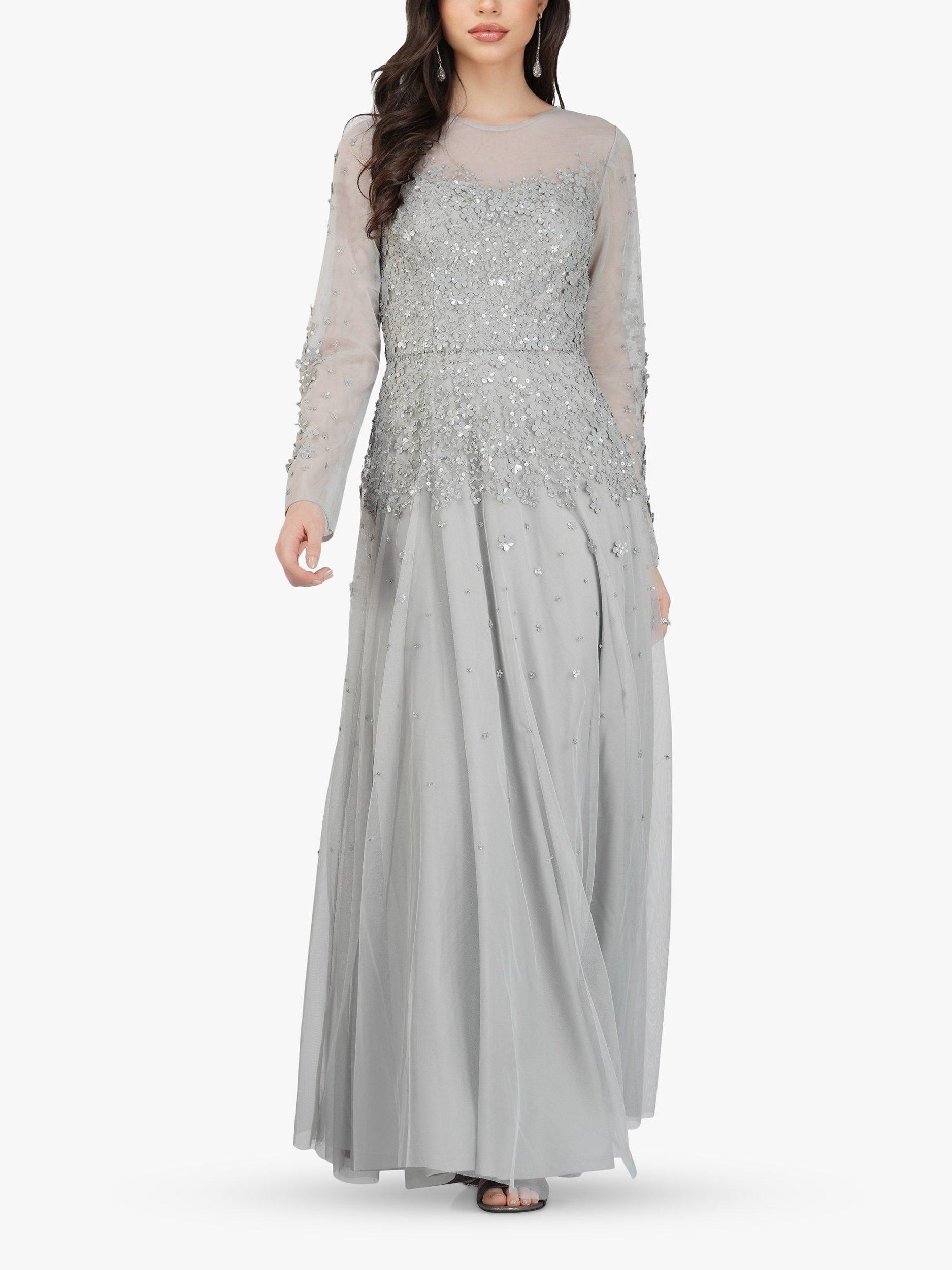 Lace Beads Luciene Long Sleeve Embellished Maxi Dress Grey